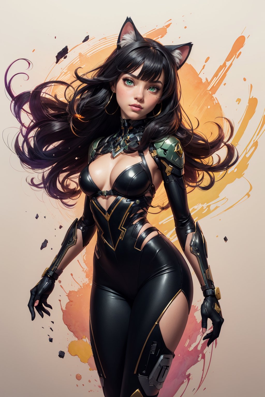 Alone anime girl with cat ears with a medium length pose and cute clothes, short dark black hair with bangs that cover the right eye, green eyes, hyper detailed eyes, beautiful eyes, cybernetic eyes, small perky breasts, perfect anatomy, centered, approaching perfection, dynamic, highly detailed, character sheet, artstation, concept art, smooth, sharp focus, illustration, art by Kim Jung gi,, Artgerm, Carne Griffiths and Wadim Kashin , Sasha Yakovleva, loish, jeremy mann, full body shot, character sheet, lightning wave, Beautiful anime watercolor painting ,paint dripping by tim okamura, victor nizovtsev, greg rutkowski, noah bradley. trending on artstation, 8k, masterpiece, graffiti paint, fine detail, full of color, intricate detail, golden ratio illustration, Grisaille, Monochromatic green background,perfecteyes,1 girl,inboxDollPlaySetQuiron style