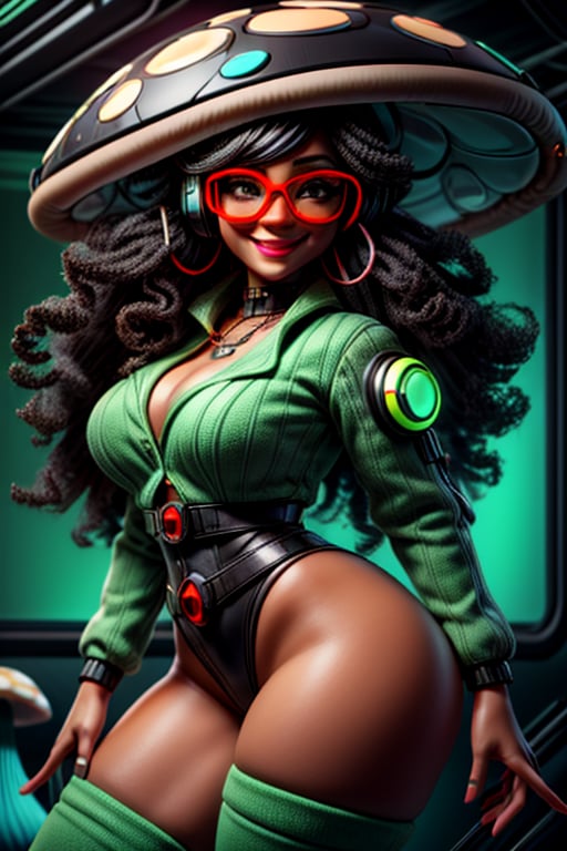 black woman with a shapely figure cyberpunk style with a smile long black curly hair voluptuous body close-up of face eyes wearing headphones and glasses wearing a light green space case very pretty,JessicaWaifu,m4d4m,perfecteyes,ShroomPunkAI