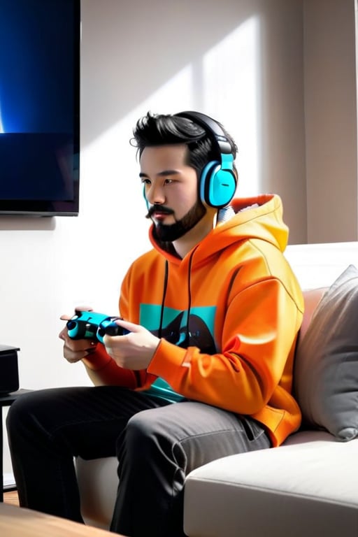 A man with short black hair and a neatly trimmed beard is sitting on a comfortable sofa. He is wearing a vibrant orange hoodie and black headphones over his ears, holding a black gaming controller in his hands. His posture is relaxed but focused, as if he is deeply engaged in a video game. The room is warmly lit, with soft shadows around him, giving a cozy feel. Behind him, there’s a casual living room setup with some subtle decorations, a coffee table, and a TV screen glowing softly in front of him