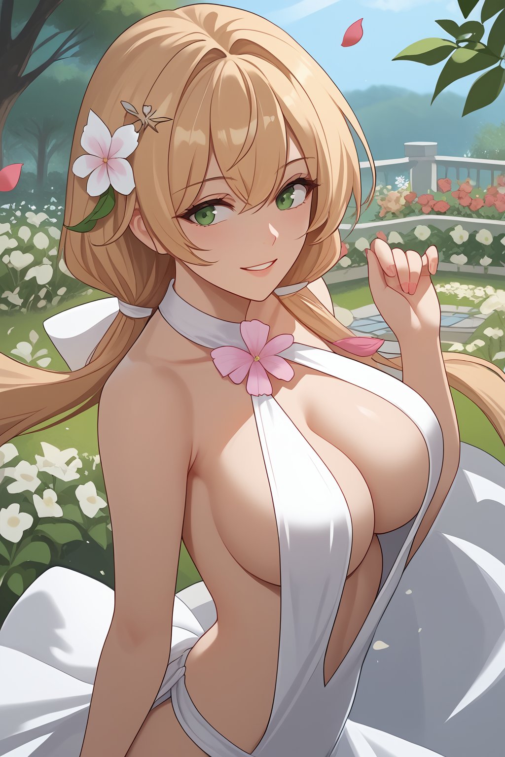  IlyaEliya Mourmets, Blonde Hair, Long Hair, Twin Braids, (((Hair Ornament))), Green Eyes, Cleavage, ((pink virgin killer)),

(nsfw), (uncensored), (score_9), score_8_up, score_7_up, source_anime, cowboy shot, dynamic pose, Happy, Smile, Parted Lips, blush, ashamed, shy, sexy, charming, alluring, seductive, enchanting, erotic,

((outdoors)), ((flower garden)), ((flowers)), ((many flowers)), spring petals, petals of flowers, spring, falling petals, flying butterflies,



