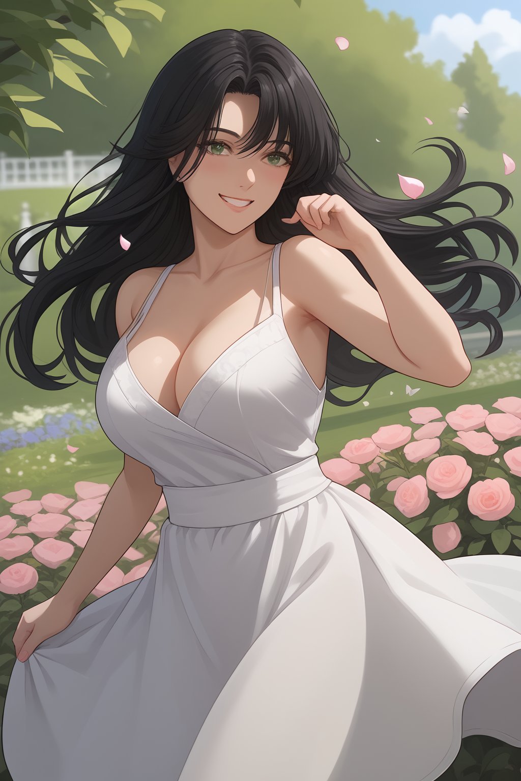 Orie, Black Hair, Long Hair, Bangs, Green Eyes, Big Breast, Cleavage, white short summer dress,

(nsfw), (uncensored), (score_9), score_8_up, score_7_up, source_anime, cowboy shot, dynamic pose, 1 Female, solo, happy smile joy, blush, ashamed, shy, sexy, charming, alluring, seductive, enchanting, erotic,

((outdoors)), ((flower garden)), ((flowers)), ((many flowers)), spring petals, petals of flowers, spring, falling petals, flying butterflies,
