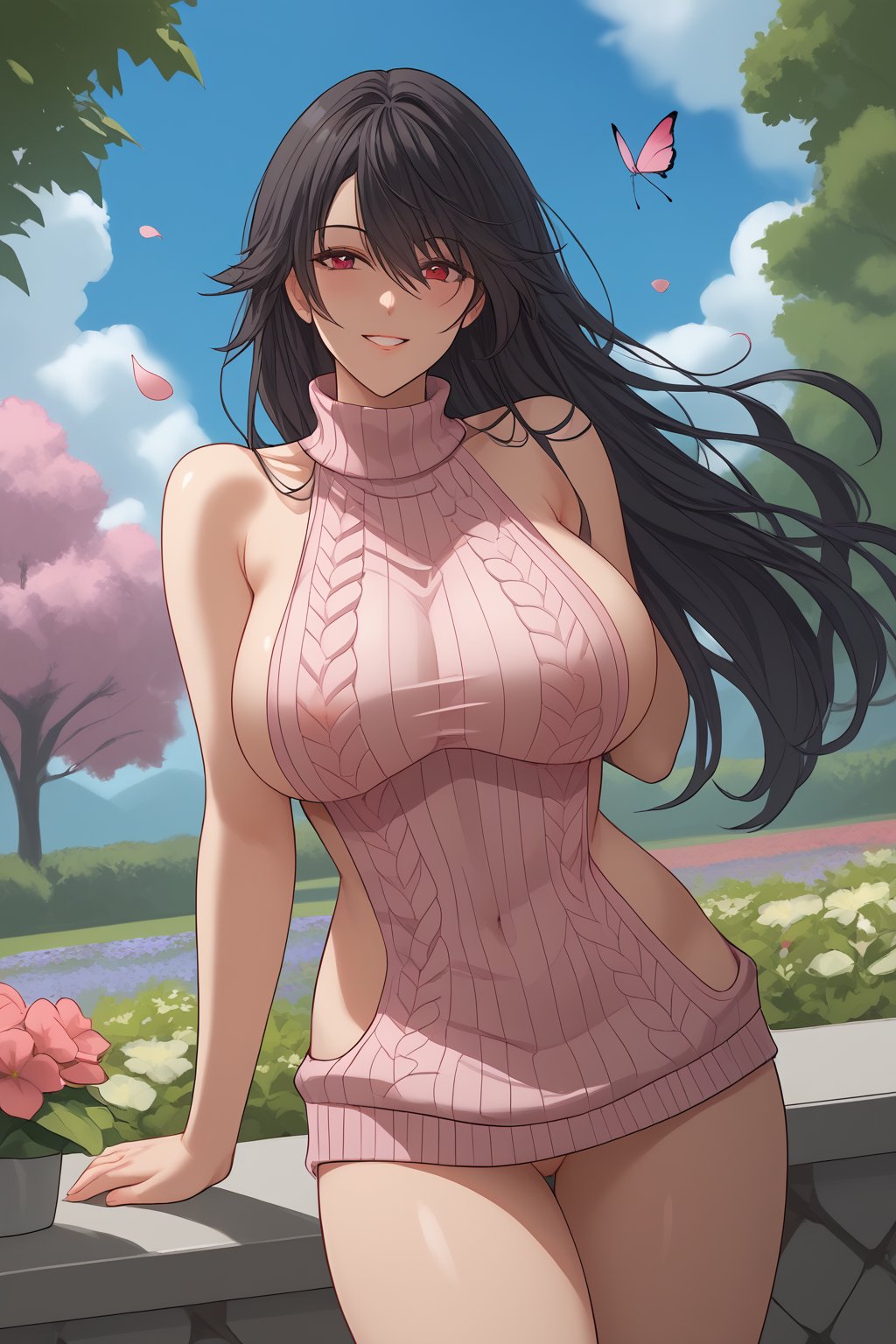 Hibiki, Black hair, Long Hair, Scarlet Eyes, Big Breasts, Cleavage, red hair bow, ((pink virgin killer sweater)), no bra, no panties, see-through, nipples see-through, pubic hair see-through, beautiful pussy, perfect pussy, detailed pussy, no panties, pubic hair, pussy juice

(nsfw), (uncensored), (score_9), score_8_up, score_7_up, source_anime, cowboy shot, dynamic pose, Happy, Smile, Parted Lips, blush, ashamed, shy, sexy, charming, alluring, seductive, enchanting, erotic,

((outdoors)), ((flower garden)), ((flowers)), ((many flowers)), spring petals, petals of flowers, spring, falling petals, flying butterflies,



