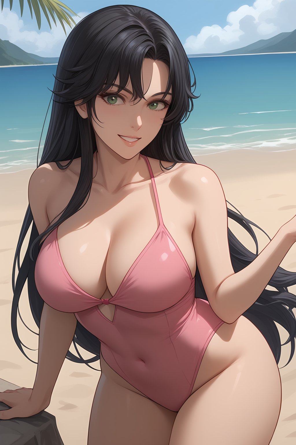 Orie, Black Hair, Long Hair, Bangs, Green Eyes, Big Breast, Cleavage, pink swimsuit, beach

(nsfw), (uncensored), (score_9), score_8_up, score_7_up, source_anime, cowboy shot, dynamic pose, 1 Female, solo, Happy, Smile, Parted Lips, blush, ashamed, shy, sexy, charming, alluring, seductive, enchanting, erotic,

