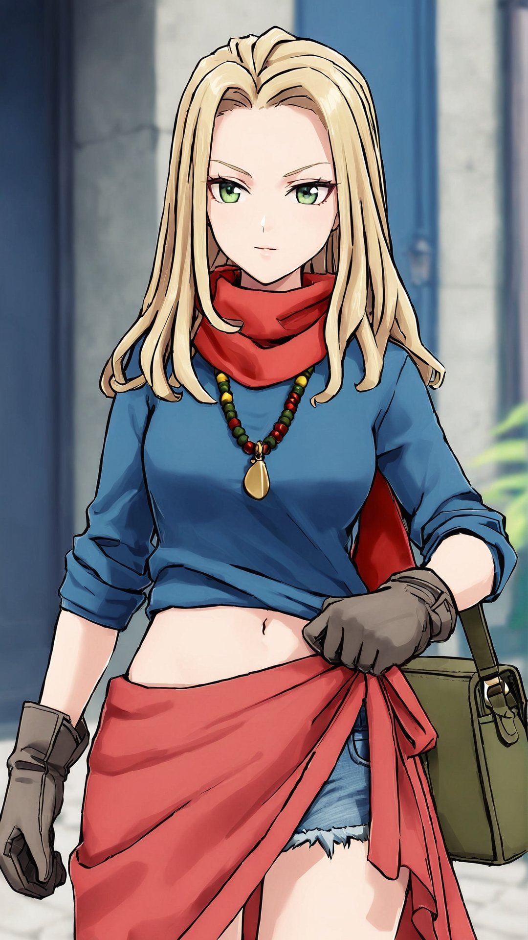 Ann, blonde hair, reggae hair style, shoulder length hair, green eyes, necklace, red scarf, blue short T-shirt, navel, blue denim short skirt, deep grey gloves, deep green bag, red sarong, brown short boots, 