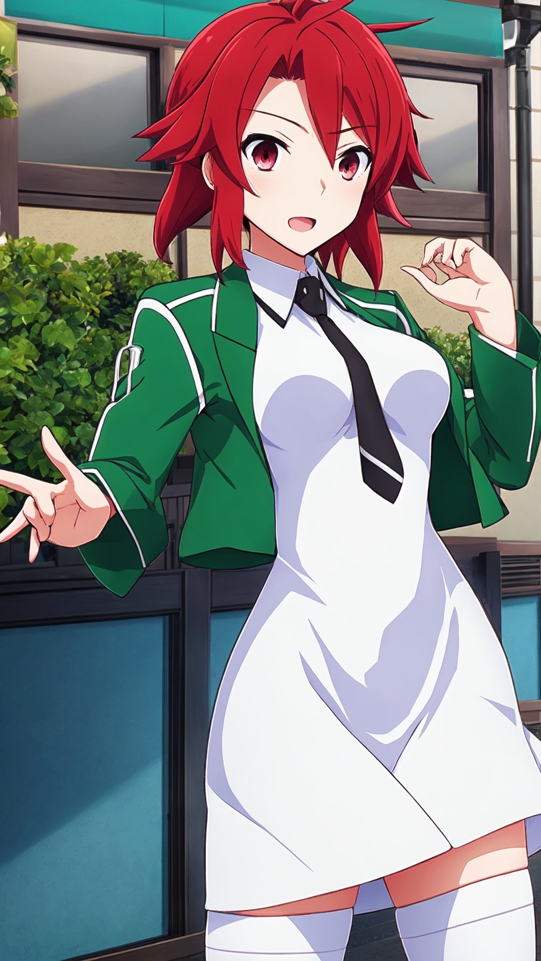 千葉エリカ, red hair, red eyes, big breasts, green jacket, cropped jacket, open jacket, black necktie, white dress, short dress, collared dress, see-through, black thigh highs, white boots,


