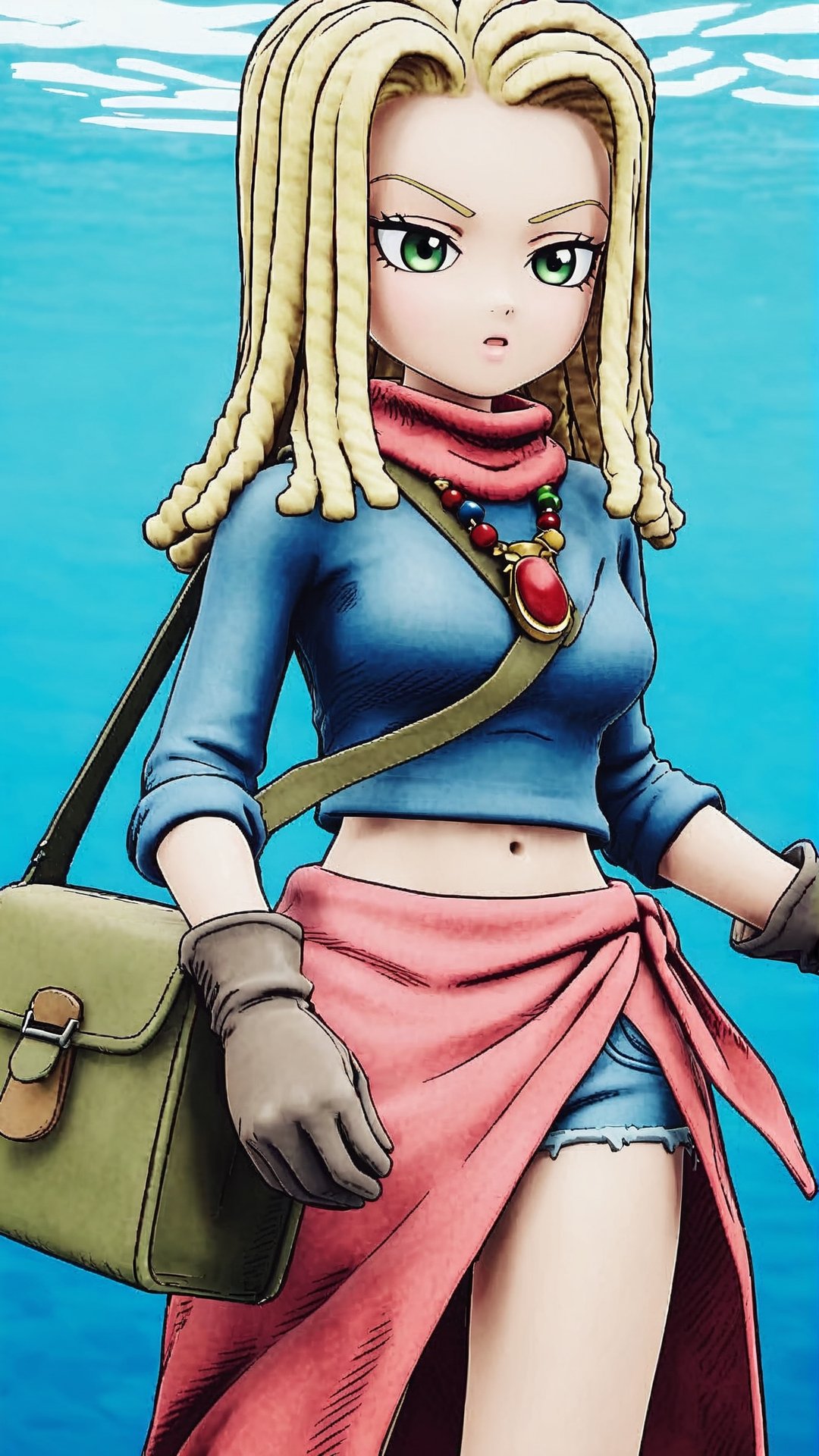 Ann, blonde hair, reggae hair style, shoulder length hair, green eyes, necklace, red scarf, blue short T-shirt, navel, blue denim short skirt, deep grey gloves, deep green bag, red sarong, brown short boots, bikini, in the sea