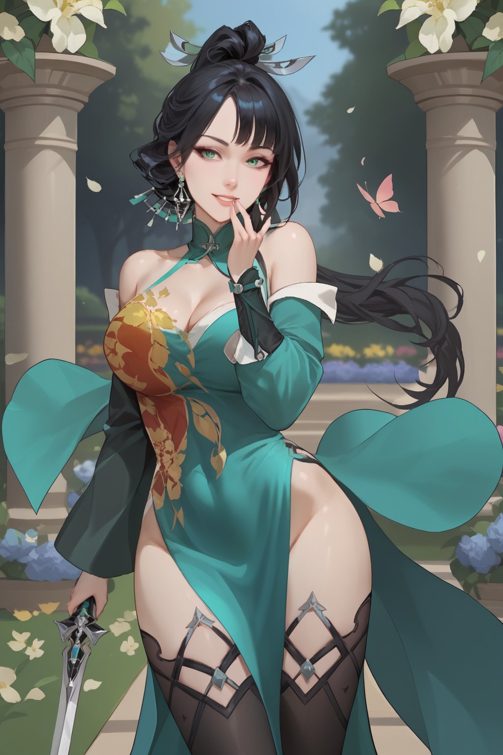 yu xiao er, black hair, long hair, high ponytail, hair ornament, earrings, green eyes, green halter neck dress, low-cut dress, dress with high slit, golden pattern on green dress, black thigh highs, green shoes, holding a sword,



(nsfw), (uncensored), (score_9), score_8_up, score_7_up, source_anime, cowboy shot, dynamic pose, Happy, Smile, Parted Lips, blush, ashamed, shy, sexy, charming, alluring, seductive, enchanting, erotic,

((outdoors)), ((flower garden)), ((flowers)), ((many flowers)), spring petals, petals of flowers, spring, falling petals, flying butterflies,