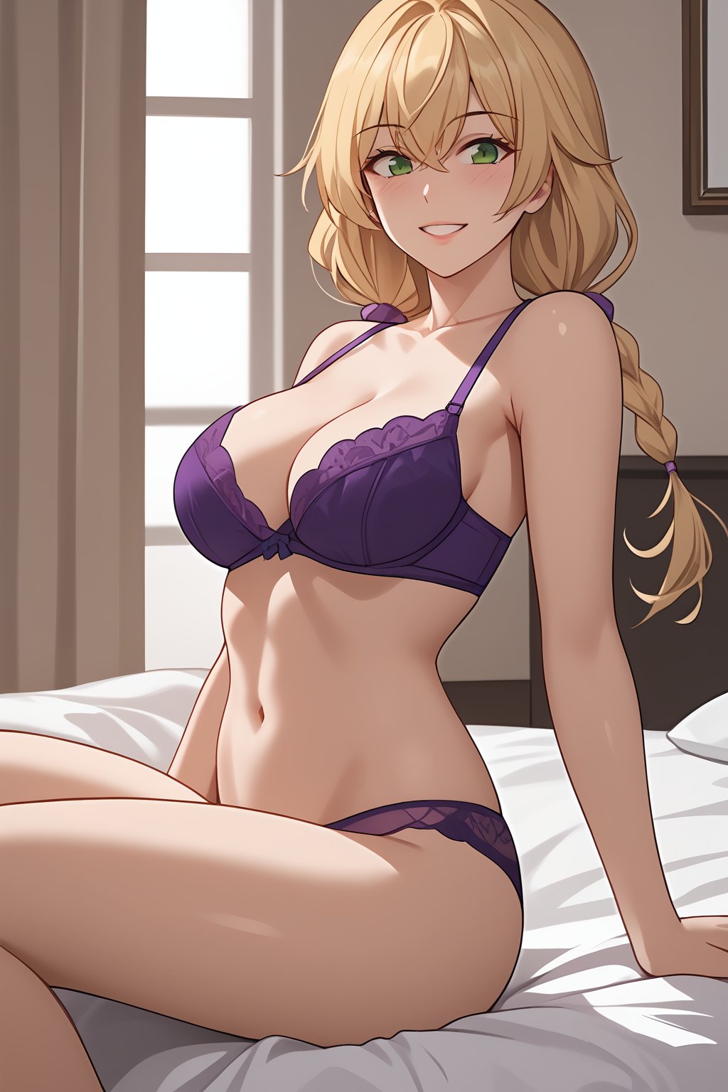 IlyaEliya Mourmets, Blonde Hair, Long Hair, Twin Braids, Hair Ornament, Green Eyes, Cleavage, purple bra, purple panties, bedroom, sit on bed,

(nsfw), (uncensored), (score_9), score_8_up, score_7_up, source_anime, cowboy shot, dynamic pose, Happy, Smile, Parted Lips, blush, ashamed, shy, sexy, charming, alluring, seductive, enchanting, erotic,
