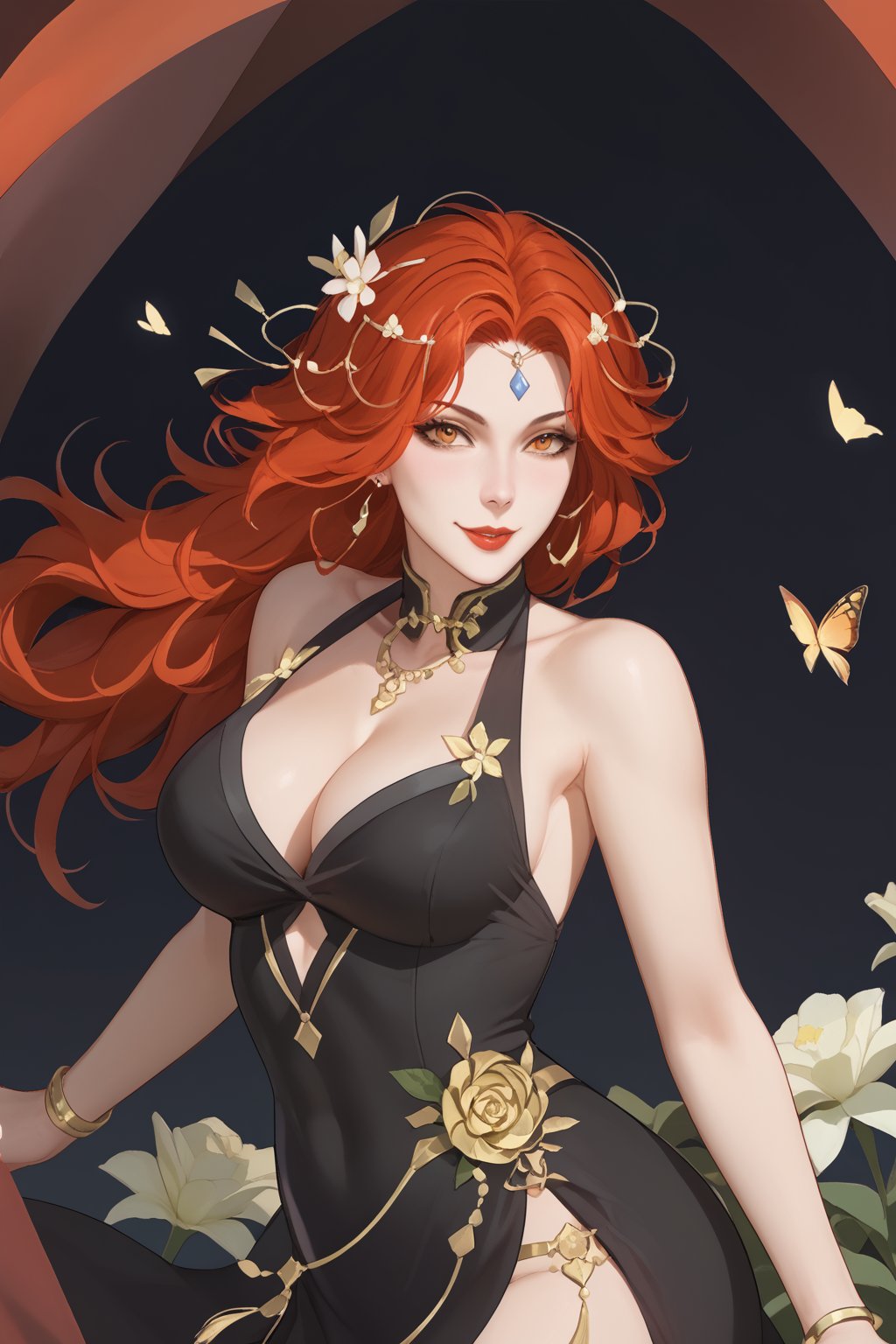 yin su ming, red hair, long hair, hair ornament, orange eyes, red lips, cleavage, black halter neck dress,




(nsfw), (uncensored), (score_9), score_8_up, score_7_up, source_anime, cowboy shot, dynamic pose, Happy, Smile, Parted Lips, blush, ashamed, shy, sexy, charming, alluring, seductive, enchanting, erotic,

((outdoors)), ((flower garden)), ((flowers)), ((many flowers)), spring petals, petals of flowers, spring, falling petals, flying butterflies,