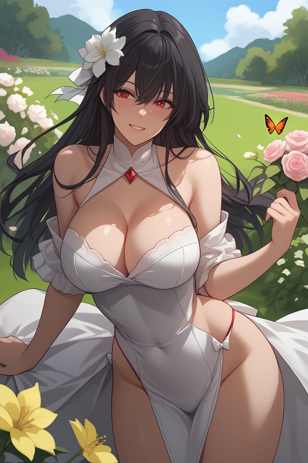 Hibiki, Black hair, Long Hair, Scarlet Eyes, Big Breasts, Cleavage, red hair bow, ((pink virgin killer)),

(nsfw), (uncensored), (score_9), score_8_up, score_7_up, source_anime, cowboy shot, dynamic pose, Happy, Smile, Parted Lips, blush, ashamed, shy, sexy, charming, alluring, seductive, enchanting, erotic,

((outdoors)), ((flower garden)), ((flowers)), ((many flowers)), spring petals, petals of flowers, spring, falling petals, flying butterflies,



