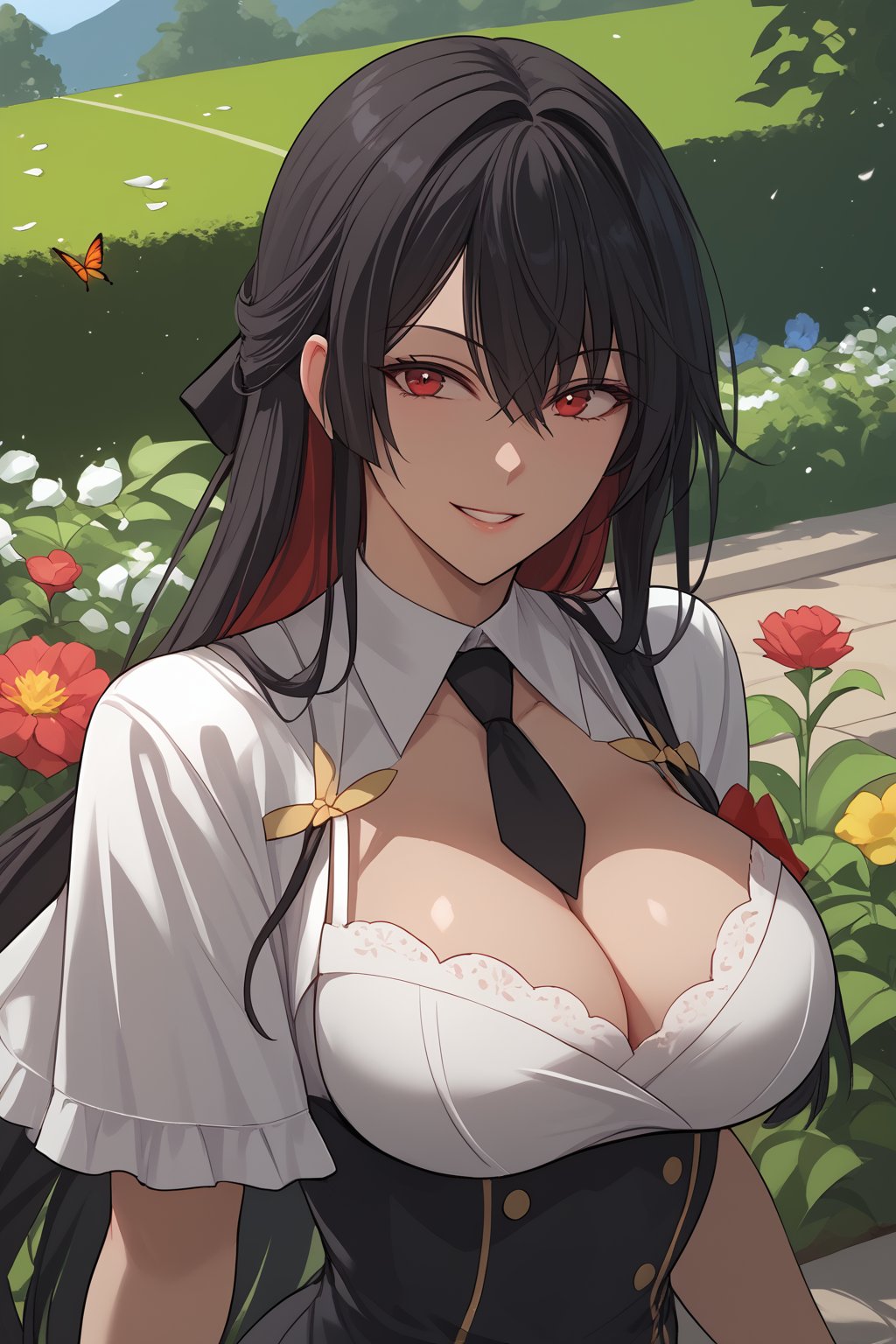 Hibiki, Black hair, Long Hair, Scarlet Eyes, Big Breasts, Cleavage, red hair bow, low-cut white and black high slit dress, Black necktie, 

(nsfw), (uncensored), (score_9), score_8_up, score_7_up, source_anime, cowboy shot, dynamic pose, Happy, Smile, Parted Lips, blush, ashamed, shy, sexy, charming, alluring, seductive, enchanting, erotic,

((outdoors)), ((flower garden)), ((flowers)), ((many flowers)), spring petals, petals of flowers, spring, falling petals, flying butterflies,

