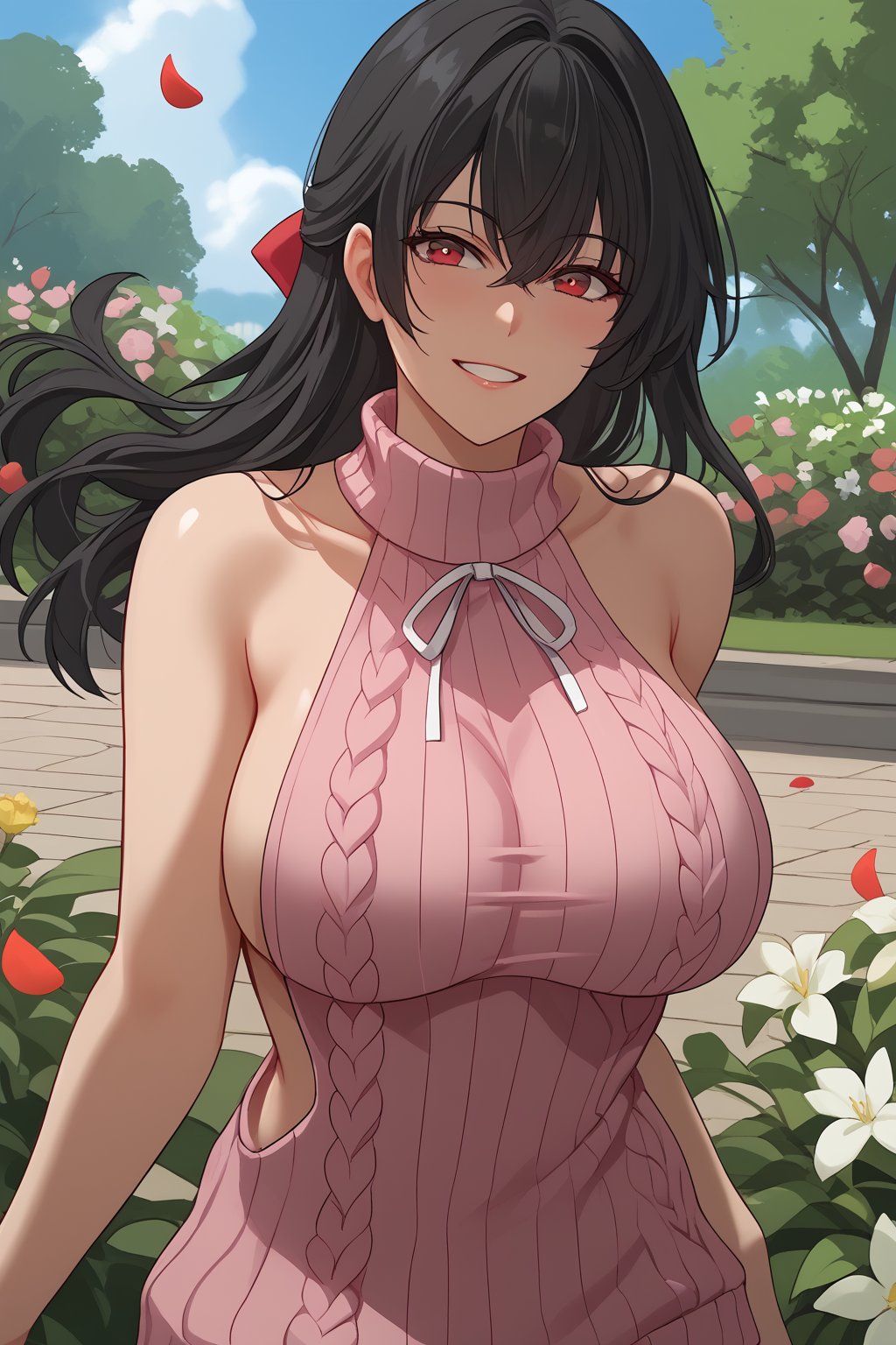 Hibiki, Black hair, Long Hair, Scarlet Eyes, Big Breasts, Cleavage, red hair bow, ((pink virgin killer sweater)),

(nsfw), (uncensored), (score_9), score_8_up, score_7_up, source_anime, cowboy shot, dynamic pose, Happy, Smile, Parted Lips, blush, ashamed, shy, sexy, charming, alluring, seductive, enchanting, erotic,

((outdoors)), ((flower garden)), ((flowers)), ((many flowers)), spring petals, petals of flowers, spring, falling petals, flying butterflies,



