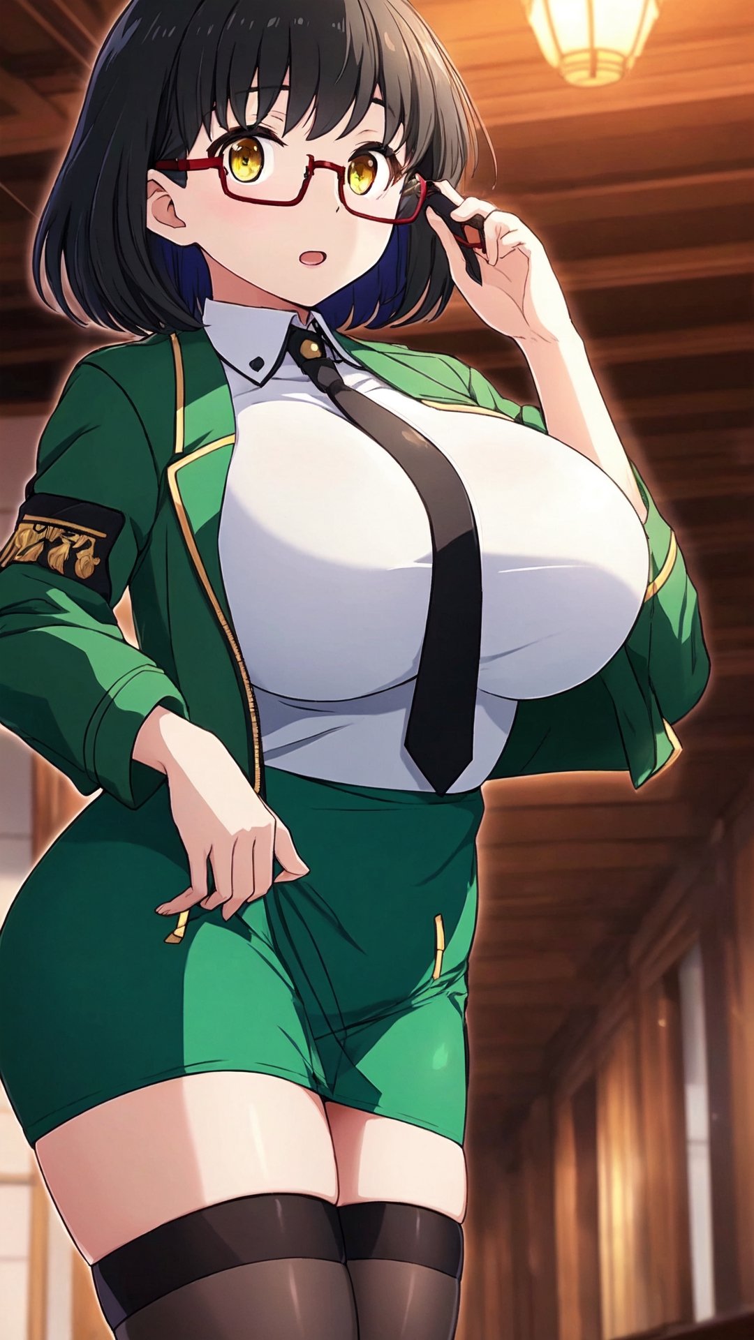 柴田美月, black hair, bob hair, gold eyes, (glasses:1.3), big breasts, green jacket, cropped jacket, open jacket, black necktie, white dress, short dress, collared dress, see-through, black thigh highs, white boots,


