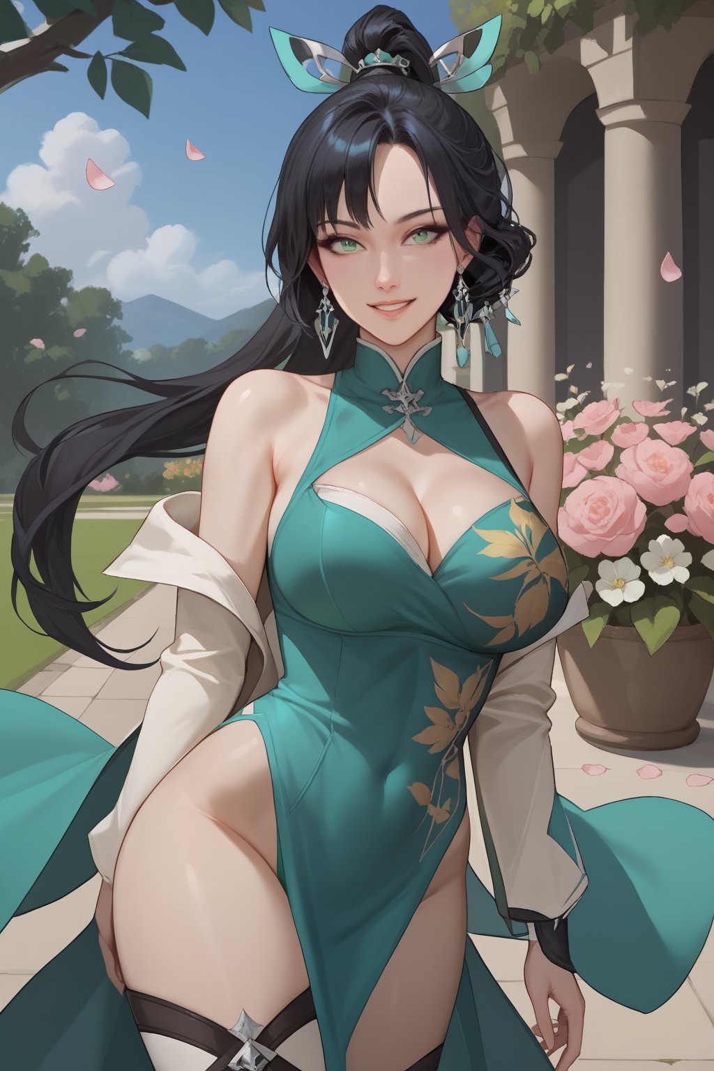 yu xiao er, black hair, long hair, high ponytail, hair ornament, earrings, green eyes, green bra, green panties,



(nsfw), (uncensored), (score_9), score_8_up, score_7_up, source_anime, cowboy shot, dynamic pose, Happy, Smile, Parted Lips, blush, ashamed, shy, sexy, charming, alluring, seductive, enchanting, erotic,

((outdoors)), ((flower garden)), ((flowers)), ((many flowers)), spring petals, petals of flowers, spring, falling petals, flying butterflies,