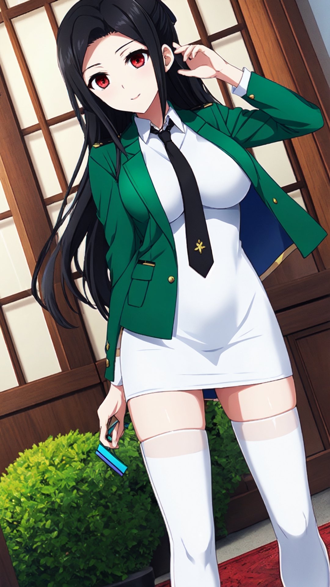 七草真由美, black hair, long hair, red eyes, big breasts, green jacket, cropped jacket, open jacket, black necktie, white dress, short dress, collared dress, see-through, black thigh highs, white boots,


