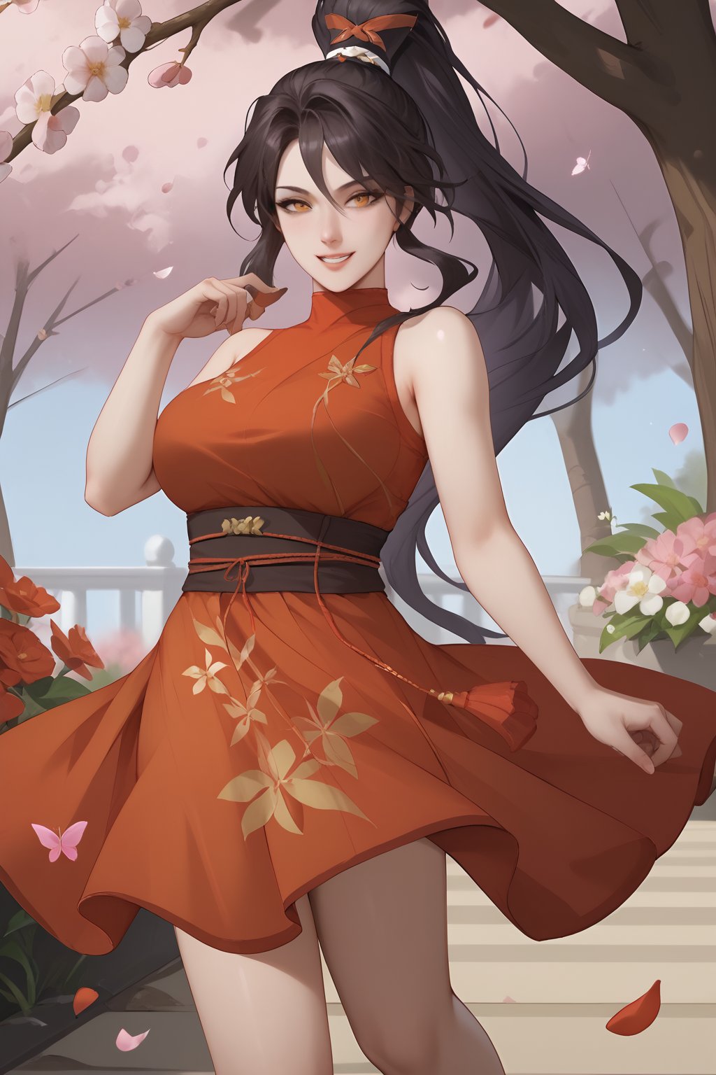 ran hong xia, black hair, long hair, high ponytail, red hair ribbon, orange eyes, ((red summer dress)),



(nsfw), (uncensored), (score_9), score_8_up, score_7_up, source_anime, cowboy shot, dynamic pose, Happy, Smile, Parted Lips, blush, ashamed, shy, sexy, charming, alluring, seductive, enchanting, erotic,

((outdoors)), ((flower garden)), ((flowers)), ((many flowers)), spring petals, petals of flowers, spring, falling petals, flying butterflies,