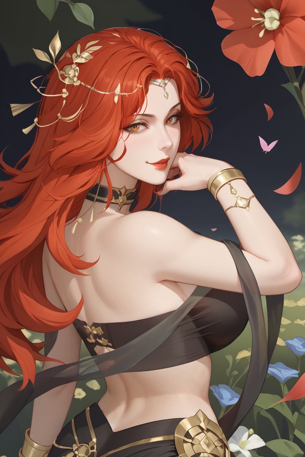 yin su ming, red hair, long hair, hair ornament, orange eyes, red lips, cleavage, black choker, black ribbon bind body, golden wrist, black strapless bra, black see-through sarong, golden ornament on sarong, calf ornament, two hands holding two red Scimitar,




(nsfw), (uncensored), (score_9), score_8_up, score_7_up, source_anime, cowboy shot, dynamic pose, Happy, Smile, Parted Lips, blush, ashamed, shy, sexy, charming, alluring, seductive, enchanting, erotic,

((outdoors)), ((flower garden)), ((flowers)), ((many flowers)), spring petals, petals of flowers, spring, falling petals, flying butterflies,