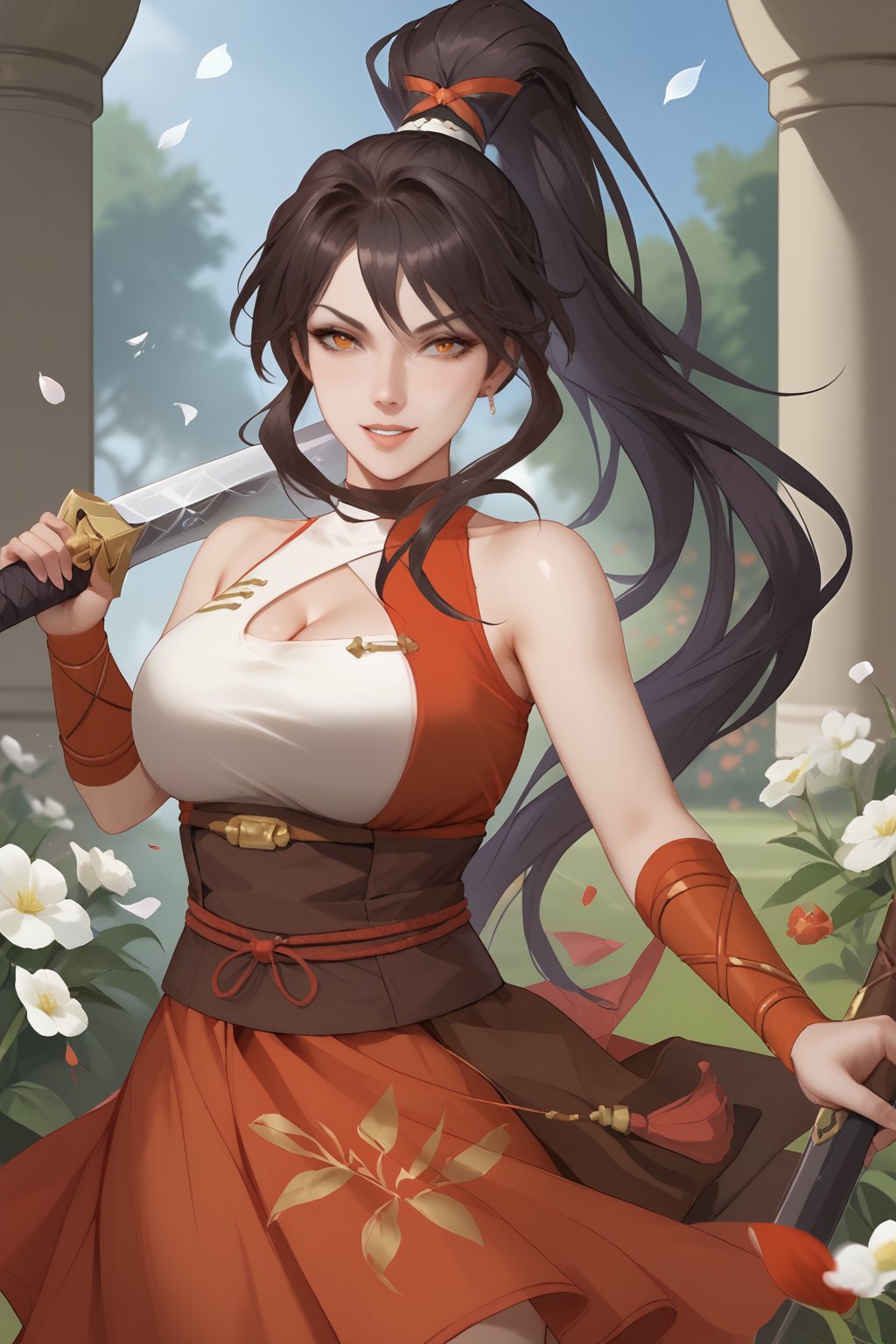 ran hong xia, black hair, long hair, high ponytail, red hair ribbon, orange eyes, sleeveless top, red and white halter neck top, cleavage, cleavage cut-out, red wrist, brown sash on waist, red ribbon bind waist, red micro skirt, black boots, holding a sword,

(nsfw), (uncensored), (score_9), score_8_up, score_7_up, source_anime, cowboy shot, dynamic pose, Happy, Smile, Parted Lips, blush, ashamed, shy, sexy, charming, alluring, seductive, enchanting, erotic,

((outdoors)), ((flower garden)), ((flowers)), ((many flowers)), spring petals, petals of flowers, spring, falling petals, flying butterflies,