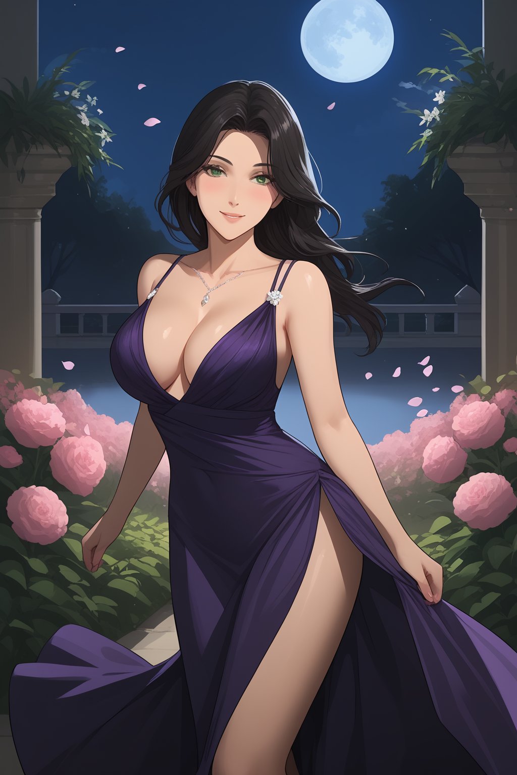 Orie, Black Hair, Long Hair, Bangs, Green Eyes, Big Breast, Cleavage, Low-cut, evening gown, purple evening gown, shiny, shiny evening gown, ((at night, full moon)),


(nsfw), (uncensored), (score_9), score_8_up, score_7_up, source_anime, cowboy shot, dynamic pose, 1 Female, solo, happy smile joy, blush, ashamed, shy, sexy, charming, alluring, seductive, enchanting, erotic,

((outdoors)), ((flower garden)), ((flowers)), ((many flowers)), spring petals, petals of flowers, spring, falling petals, flying butterflies,
