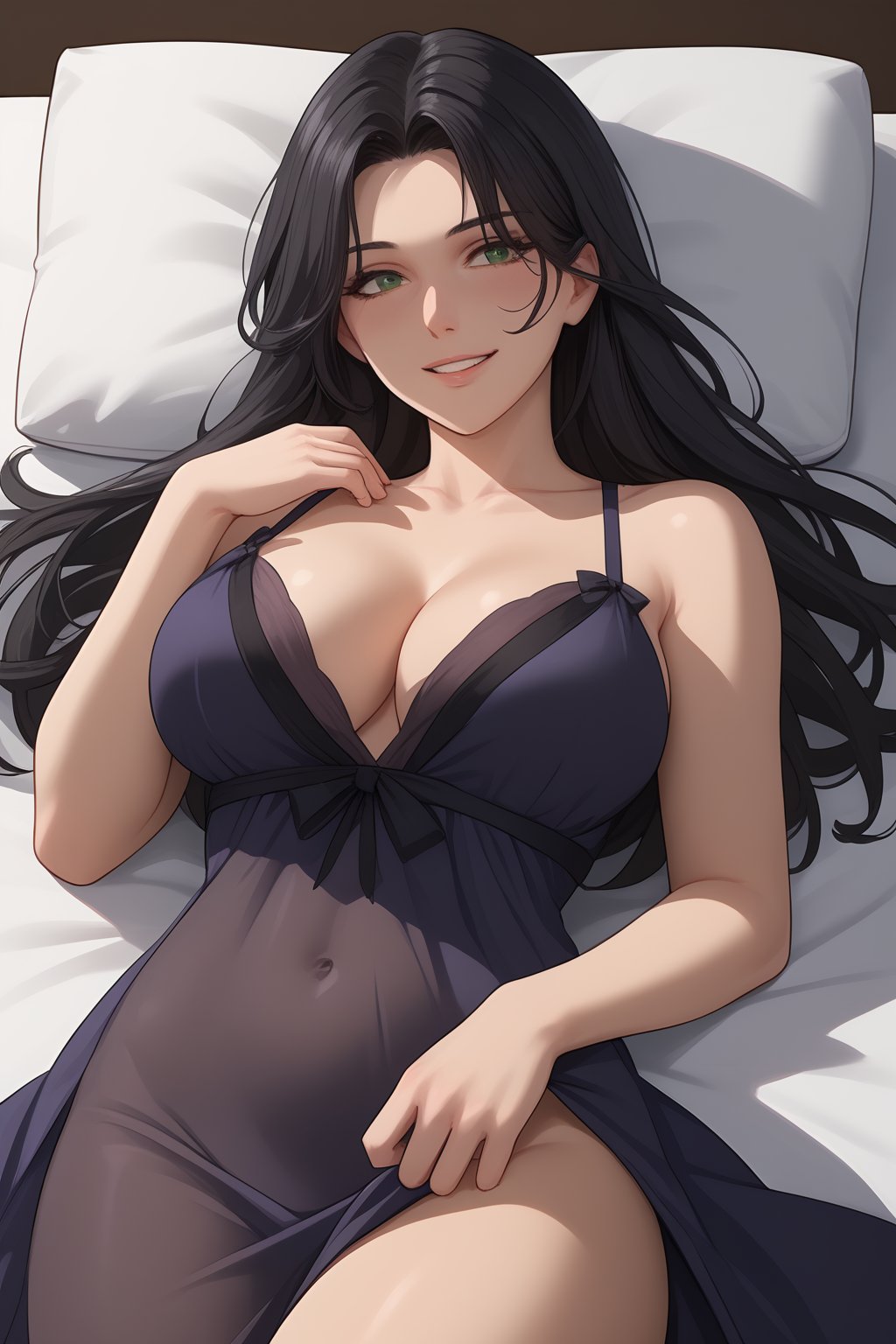 Orie, Black Hair, Long Hair, Bangs, Green Eyes, Big Breast, Cleavage, purple night gown, lying on bed,

(nsfw), (uncensored), (score_9), score_8_up, score_7_up, source_anime, cowboy shot, dynamic pose, 1 Female, solo, Happy, Smile, Parted Lips, blush, ashamed, shy, sexy, charming, alluring, seductive, enchanting, erotic,

