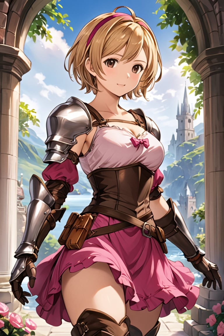 1girl, djeeta \(granblue fantasy\), granblue fantasy, blonde hair, short hair, red hairband, brown eyes, pink dress, bow, gauntlets, armor, pink skirt, thigh boots, (masterpiece:1.2), (best quality:1.2), (very aesthetic:1.2), (absurdres:1.2), (detailed background), newest, ai-generated,more detail XL