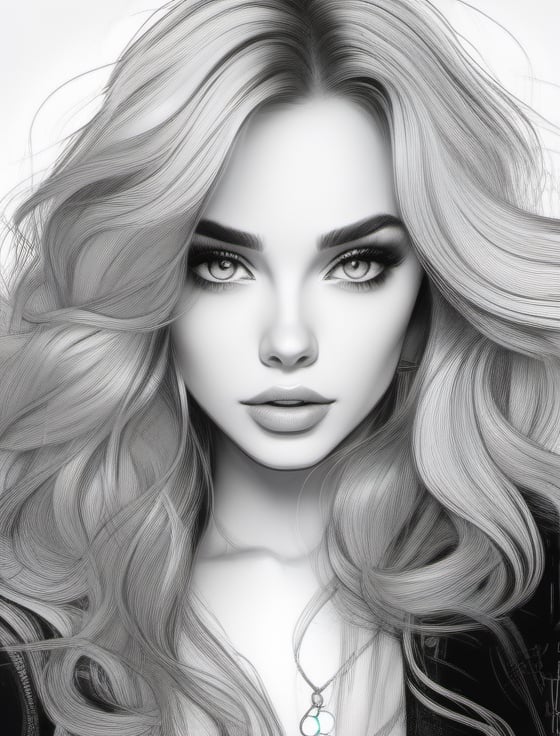 a drawing of a woman with long hair and big eyes, beautiful line art, cartoon style illustration, highly detailed illustration, detailed woman, in style of digital illustration, sketch black and white colors, extremely detailed woman, high quality sketch art, beautiful drawing style, black and white drawing, detailed face ), black on white line art, black and white line art, detailed digital drawing,sketch art