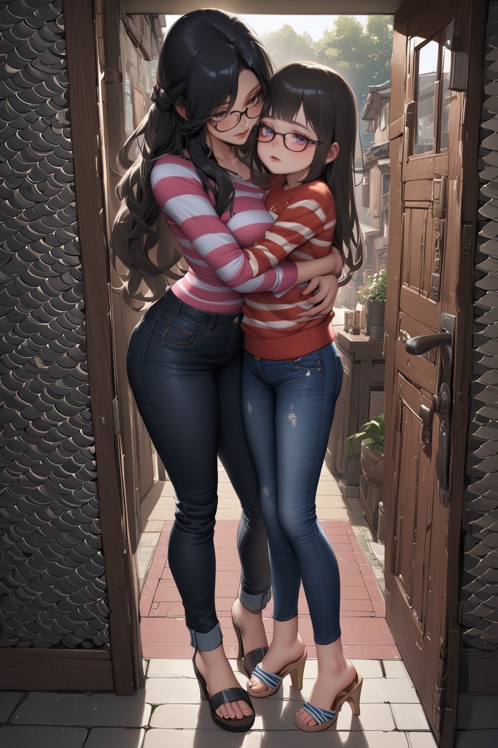 striped_shirt, denim, 2girls, multiple_girls, black_hair, sandals, striped, glasses, skirt, shirt, age_difference, pants, long_hair, standing, penis, censored, denim_skirt, mosaic_censoring, jeans, hug, long_sleeves, door, onee-loli, high_heels, sweater, loli, futanari, realistic, breasts