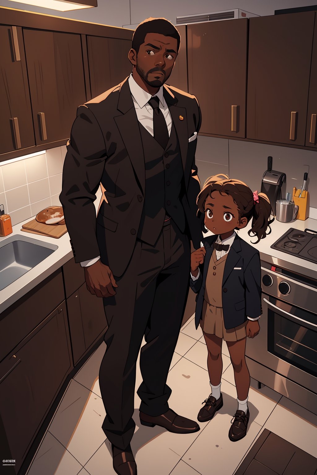 there is a man and a little girl standing in a kitchen, father with child, black art, ( ( brown skin ) ), father figure image, wearing a worn out brown suit, kevin hart, black man, bespoke, award winning magazine photo, viral photo, award-winning magazine photo, black body, girl in a suit, daddy energy, african american elegant girl