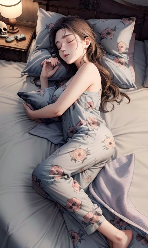 Hyper-realistic illustration, CG illustration, from top angle, a Sleeping girl, beautiful face and body shape, closed eyes, sleeping on bed, (((turned body sleep))), wearing grey pajamas set with cute skull printed on it, (messy hair), messy bed linen, (huggging pillow), (in low light bedroom), Only the table lamp illuminates his face and part of his body, deep shadow, warm light, masterpiece at best quality, hyper-detailed:1.33