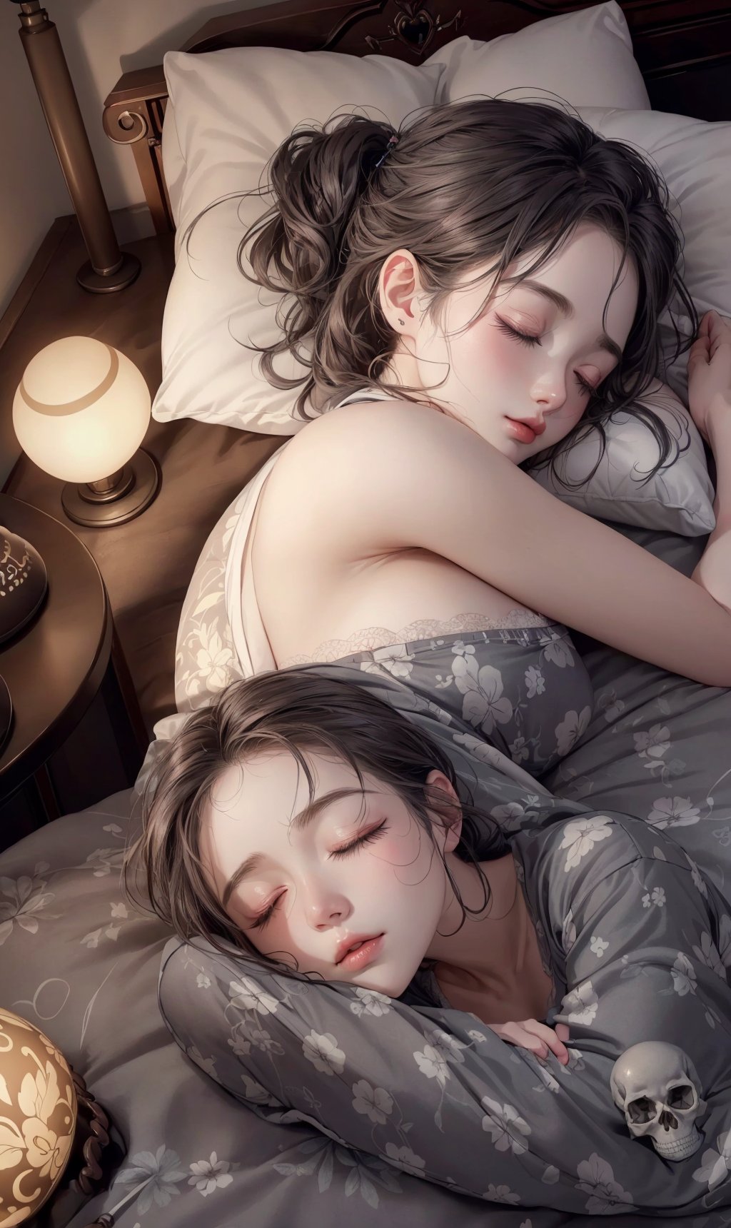 Hyper-realistic illustration, CG illustration, from top angle, a Sleeping girl, beautiful face and body shape, closed eyes, sleeping on bed, (((turned body sleep))), wearing grey pajamas set with cute skull printed on it, (messy hair), messy bed linen, (huggging pillow), (in low light bedroom), Only the table lamp illuminates his face and part of his body, deep shadow, warm light, masterpiece at best quality, hyper-detailed:1.33