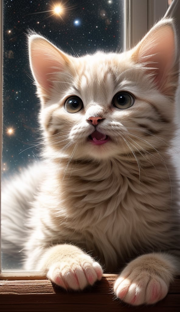 very sweet features, two beautiful eyes, adorably tiny paws, sharp claws, and two perky ears, (tiny body covered with smooth fur), (furry tail as well). (adorable face with a tiny nose), a big mouth, (8k resilution), neon lights, unreal, masterpice, amazing, (white brown body), kittenpunk, hyper realism, rough texture, (facing at a window), space x