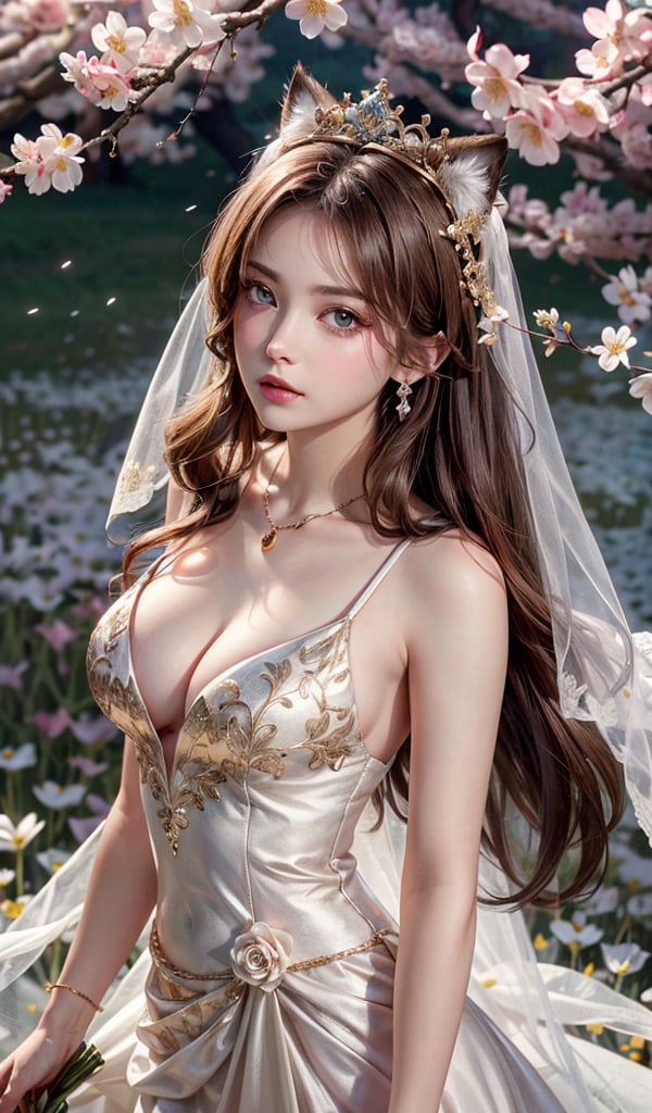 masterpiece, best quality, absurdres, high resolution, unity wallpaper, extremely detailed, 
couple, ((princess)), beautifulface, long hair, gradient hair, cat ears, large breasts, ((detailed pupils)), (detailed symmatrical face), hair ornament,((gold crown)),(gold flower),dress ornaments,necklase, bracelet, veil, ((wedding veil)),(blue wedding veil),((royal Dress)), flowers, thighs, cowboy shot, 
floral background, (((flower field))), (wind blowing), petails flowing, hair flowing, ((red cherry blossoms)), petals, beautiful background, outdoors,
detailed background, complex background, depth of field, hdr, phorealistic, day light, bright light,,vivid, soothing tones, colorful,,armpits,(sexy perfect body), big lips, beautiful eyes (hyper realism) , unreal, stodio lights,