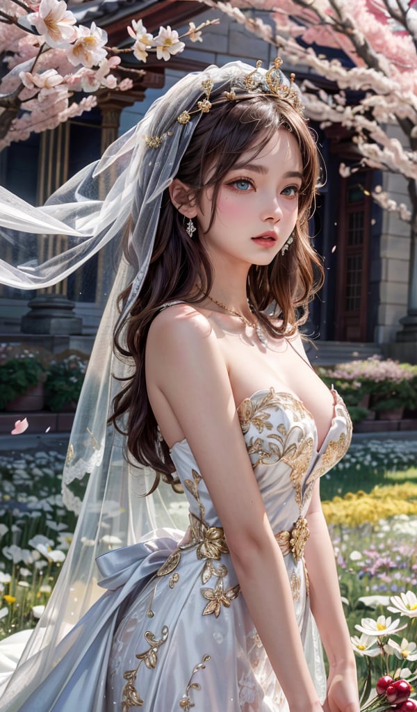 masterpiece, best quality, absurdres, high resolution, unity wallpaper, extremely detailed, 
couple, ((princess)), beautifulface, long hair, gradient hair, cat ears, large breasts, ((detailed pupils)), (detailed symmatrical face), hair ornament,((gold crown)),(gold flower),dress ornaments,necklase, bracelet, veil, ((wedding veil)),(blue wedding veil),((royal Dress)), flowers, thighs, cowboy shot, 
floral background, (((flower field))), (wind blowing), petails flowing, hair flowing, ((red cherry blossoms)), petals, beautiful background, outdoors,
detailed background, complex background, depth of field, hdr, phorealistic, day light, bright light,,vivid, soothing tones, colorful,,armpits,sexy body, big lips, beautiful eyes