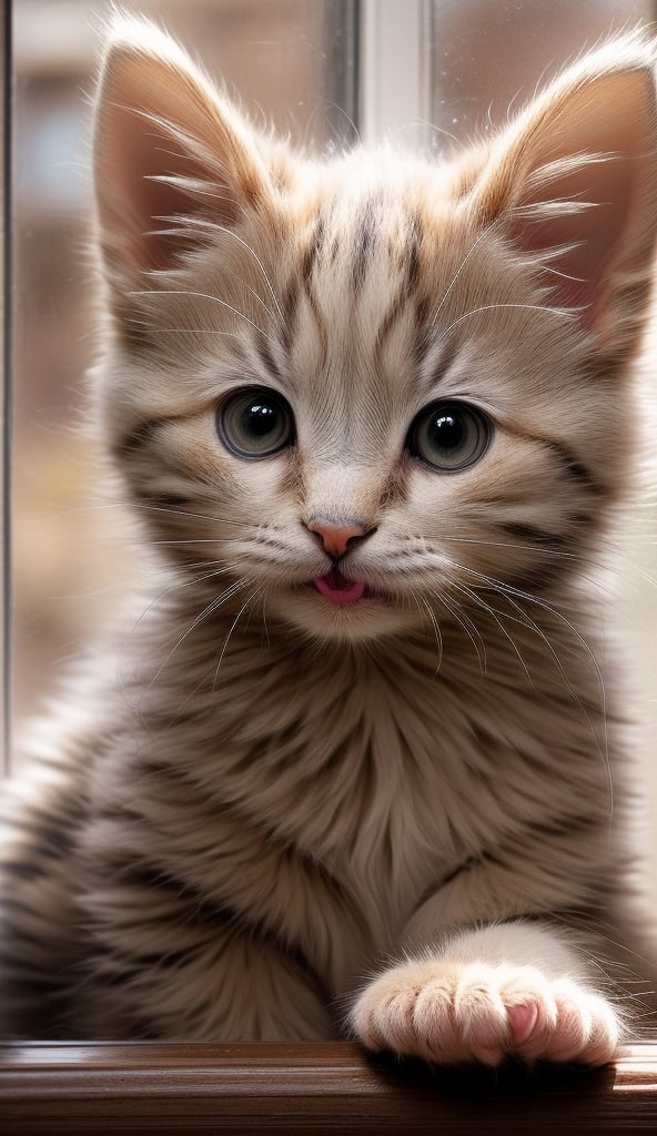 very sweet features, two beautiful eyes, adorably tiny paws, sharp claws, and two perky ears, (tiny body covered with smooth fur), (furry tail as well). (adorable face with a tiny nose), a big mouth, (8k resilution), neon lights, unreal, masterpice, amazing, (white brown body), kittenpunk, hyper realism, rough texture, (facing at a window)