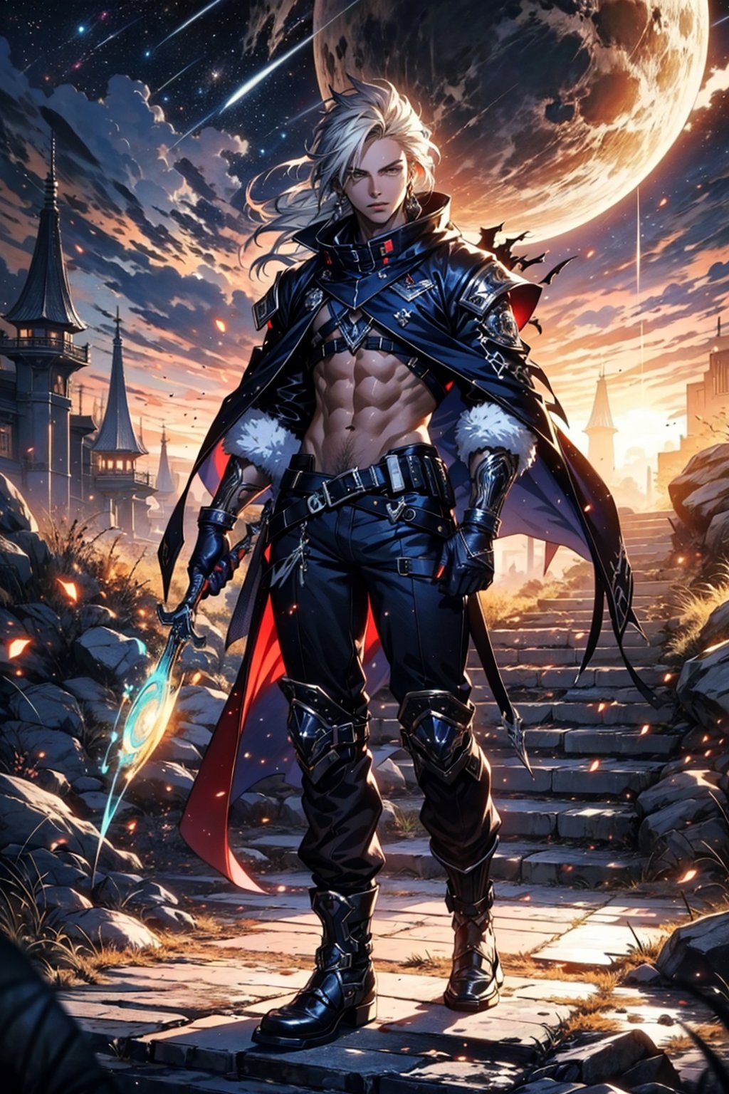 multiple person, poster art, Luo Feng, anime boy, macho look, epic anime art, muscular figure, abs, belts, holster, (best quality, ultra quality)r, long hair, gray hair, split colors hair, detailed face, detailed eyes, full body, perfect lighting, HD, 8k, glossy skin, masterpiece, digital art, intricate details, highly detailed, volumetric lighting, background detiled, ue5, unreal engine 5, artstation, trending on artstation, post processing, line art, tiny details,  colorful detailed illustration, outer_space 1960s, cinematic, multiple light sources, sunset, Swallowed Star style