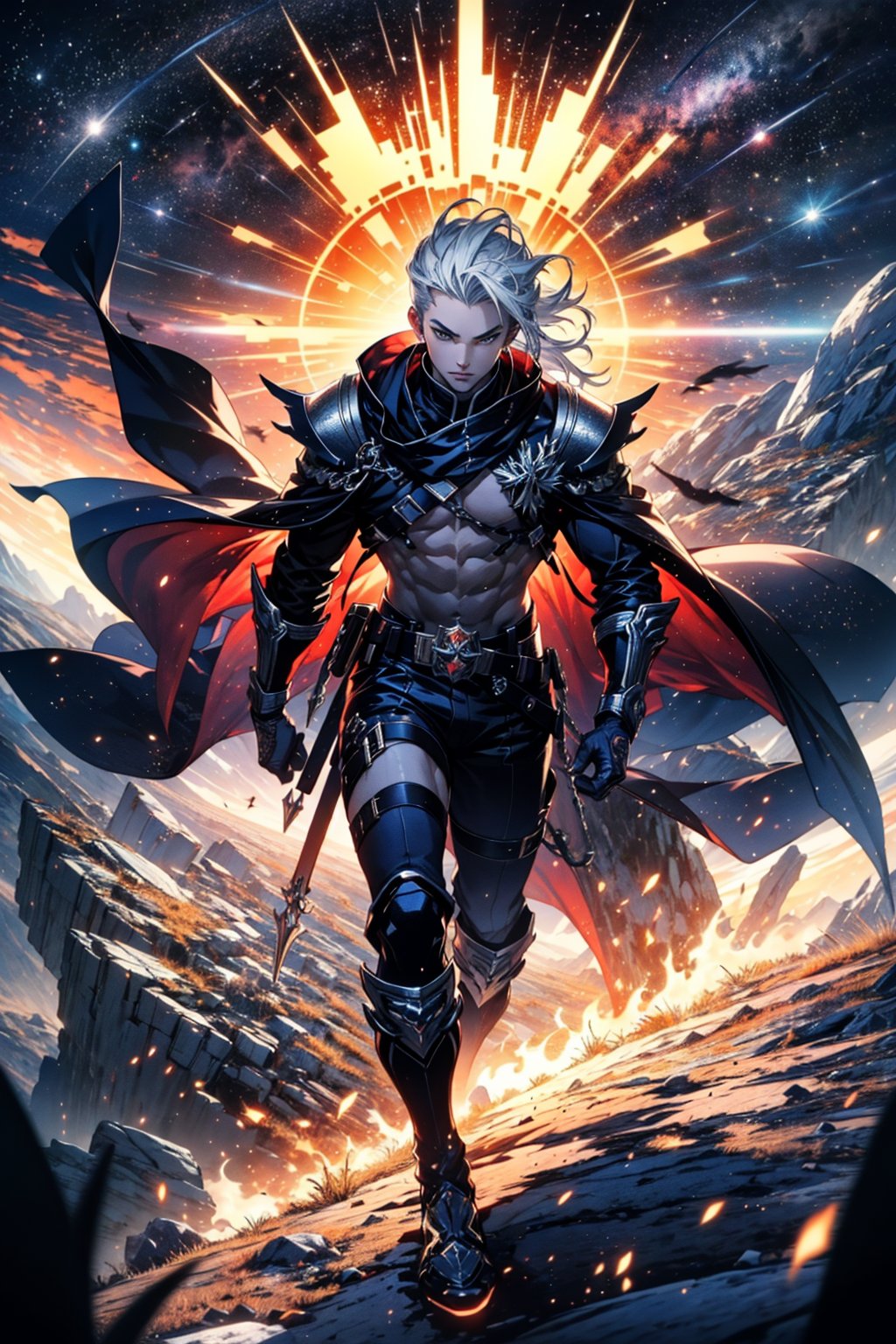 multiple person, poster art, Luo Feng, anime boy, macho look, epic anime art, muscular figure, abs, belts, holster, (best quality, ultra quality)r, long hair, gray hair, split colors hair, detailed face, detailed eyes, full body, perfect lighting, HD, 8k, glossy skin, masterpiece, digital art, intricate details, highly detailed, volumetric lighting, background detiled, ue5, unreal engine 5, artstation, trending on artstation, post processing, line art, tiny details,  colorful detailed illustration, outer_space 1960s, cinematic, multiple light sources, sunset, Swallowed Star style