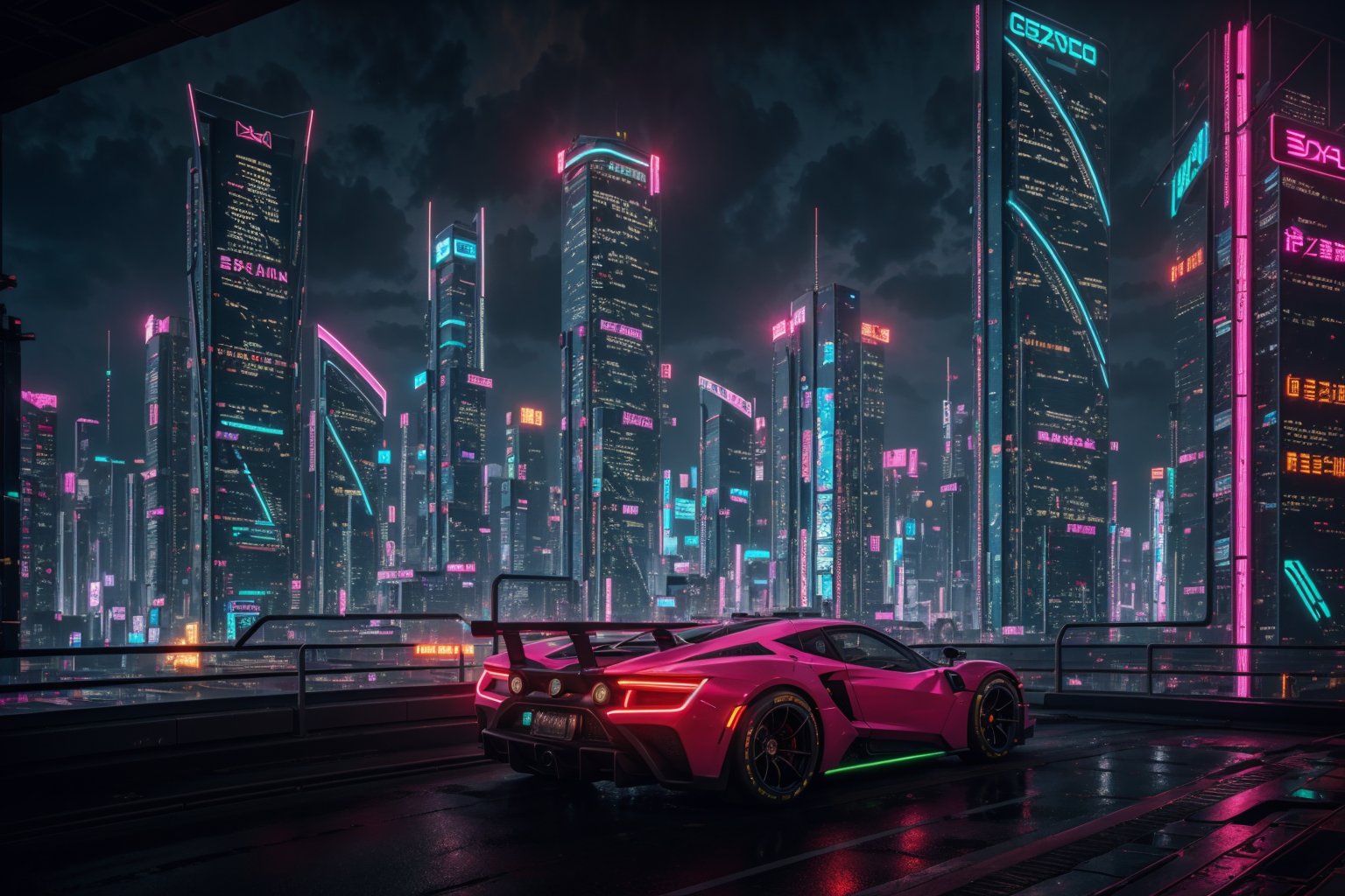 cyberpunk city,neon lights,hypercars,buildings,scenery,cityscape