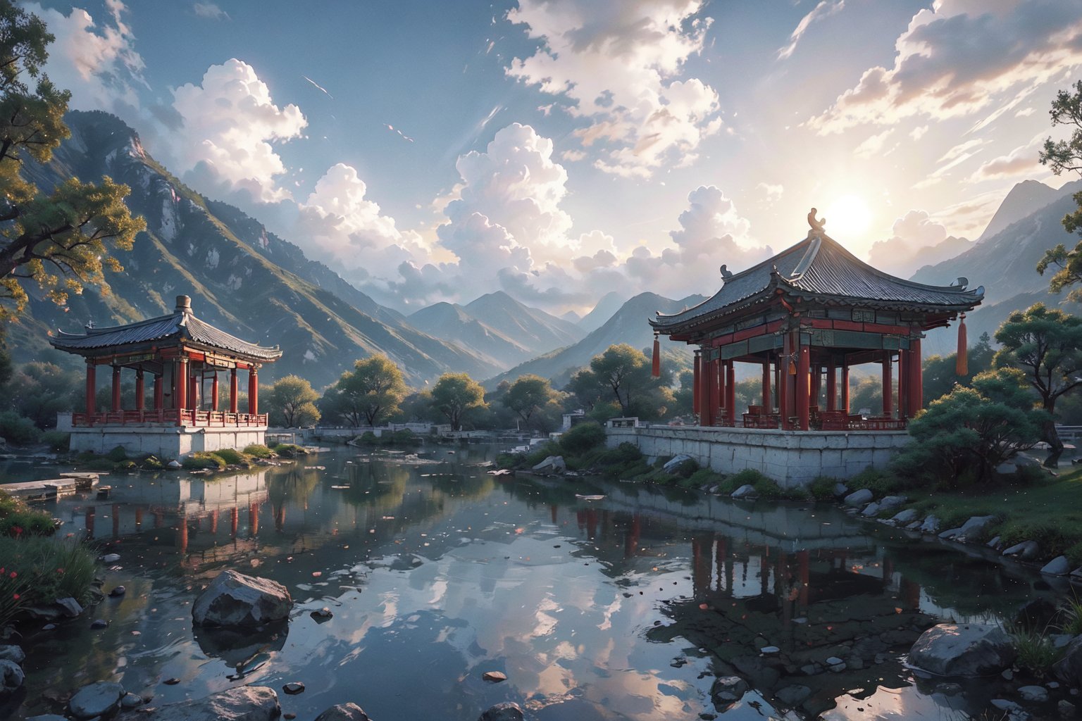 (8k, best quality, top level: 1.1), wide-angle lens:1.1,traditional architecture, high mountains and white clouds, clouds, ((Traditional Chinese Pavilion)), pilgrim,morning glow, sunrise, background, flowing water and detailed elements below. Desert