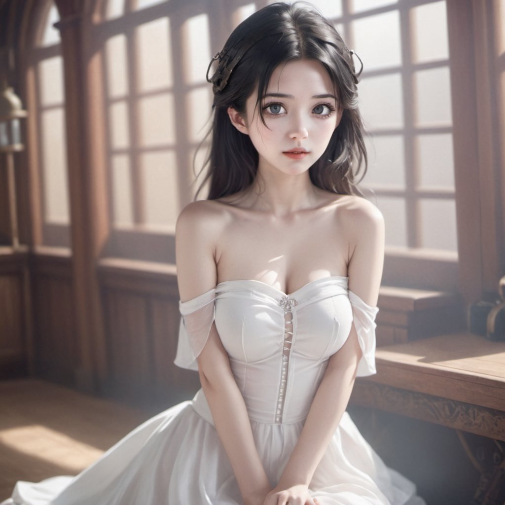 FilmGirl, 1girl, solo, black hair, dress, realistic, white dress, long hair, sitting, bare shoulders, looking at viewer, parted lips, breasts, collarbone, black eyes, lips, see-through, off shoulder, small breasts,1girl,HZ Steampunk,girl