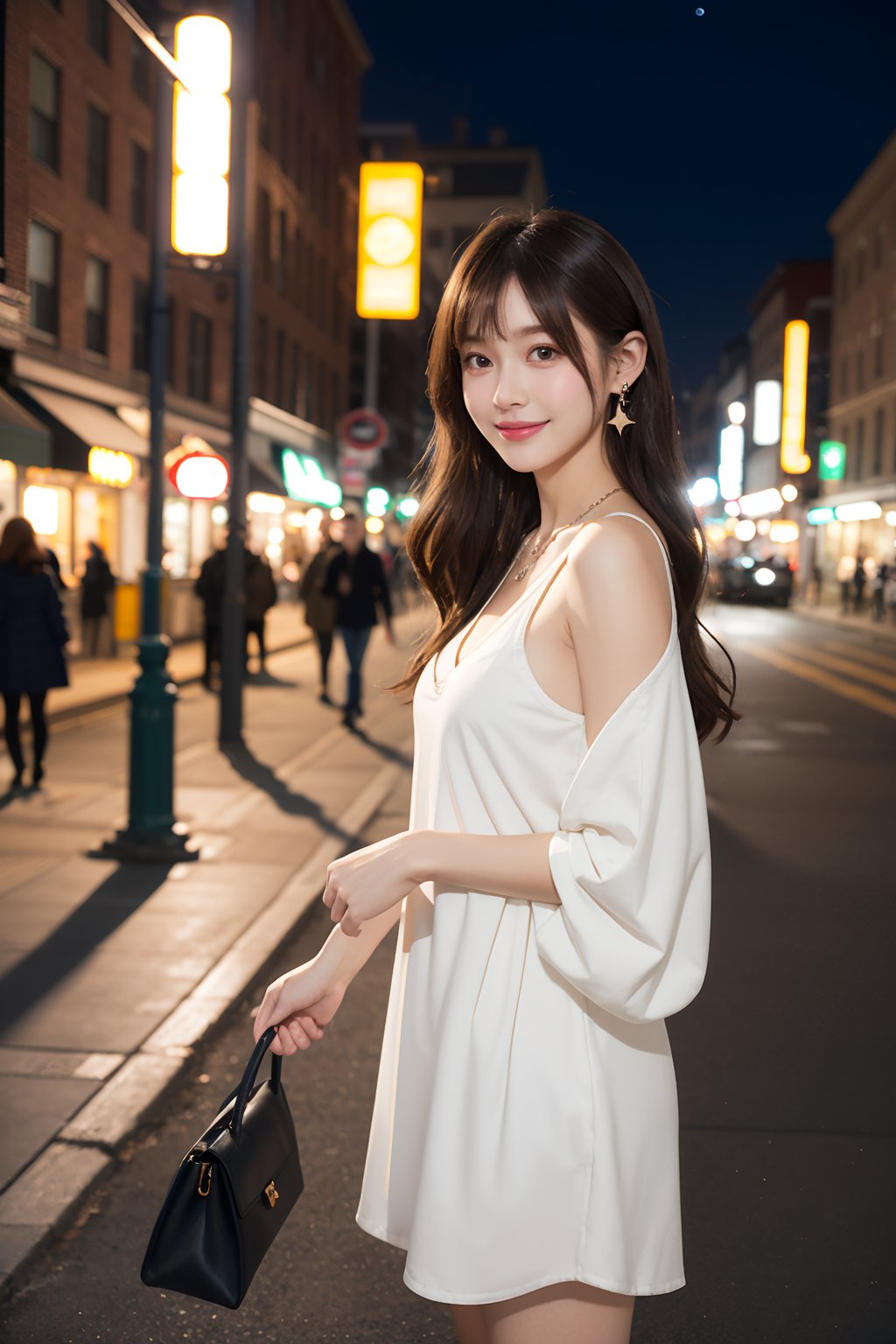 Beautiful and delicate light, (beautiful and delicate eyes), pale skin, big smile, brown eyes, black brown long hair, dreamy, c cup chest, 2000s (style), front shot, Asian girl, bangs, soft expression, height 170, elegance, bright smile, 8k art photo, realistic concept art, realistic, portrait, necklace, small earrings, handbag, fantasy, jewelry, shyness,  white_shirt, one piece dress, snowy street, footprints, stars_(sky), night_sky, ,JeeSoo ,poakl