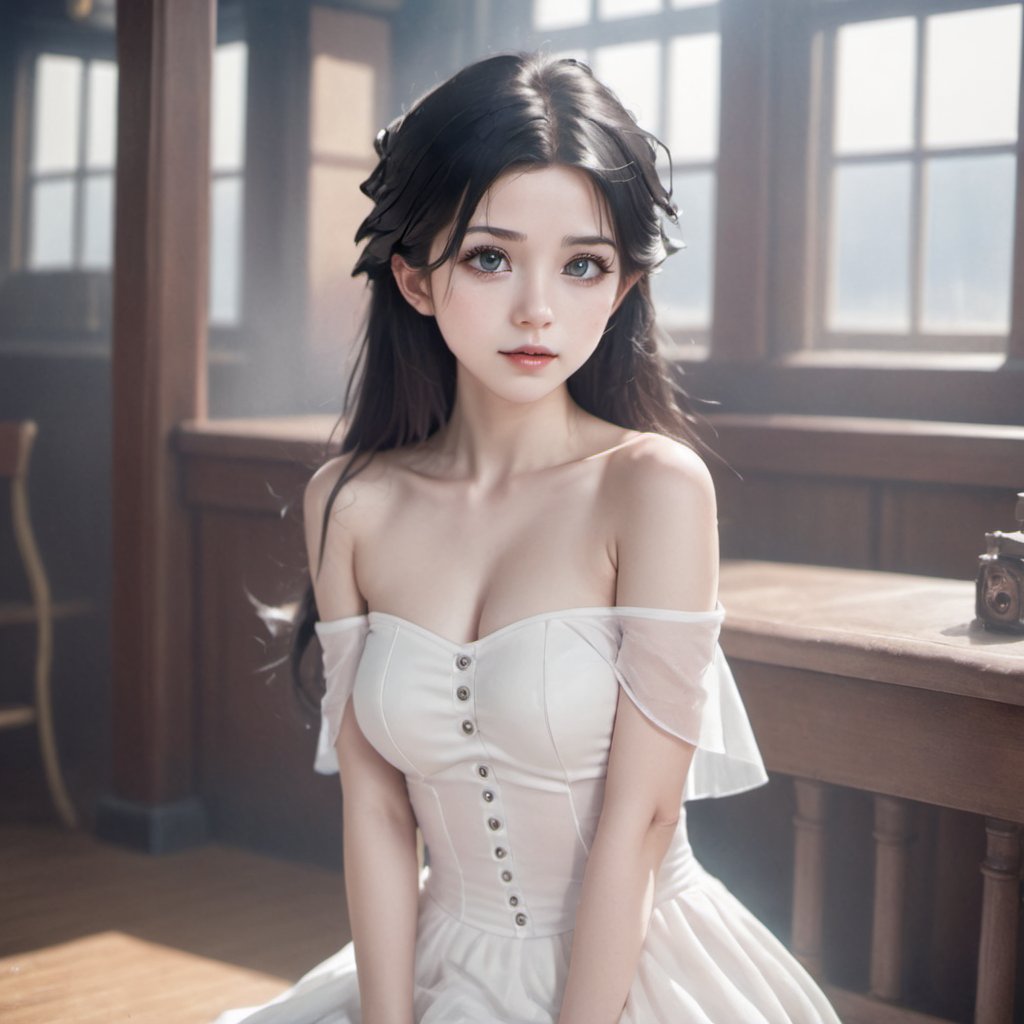 FilmGirl, 1girl, solo, black hair, dress, realistic, white dress, long hair, sitting, bare shoulders, looking at viewer, parted lips, breasts, collarbone, black eyes, lips, see-through, off shoulder, small breasts,1girl,HZ Steampunk,girl