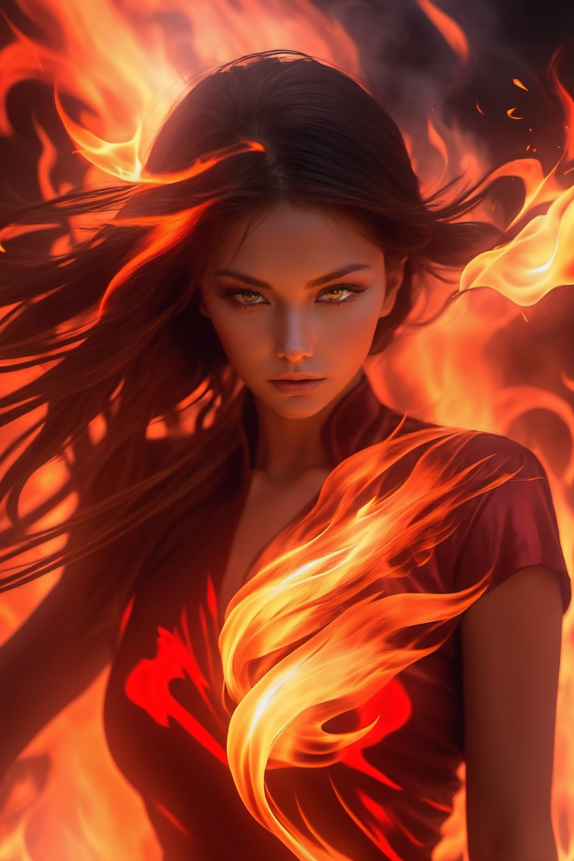 fire oh, In this photo, a beautiful girl is controlling the flames. Her eyes are bright, as if there is some mysterious connection between her and the flames. Her fingers lightly touch the flames, as if playing a passionate melody. Her face is illuminated by the flames, warm and bright like the dawn. The background is a deep darkness, making the flames and her face stand out. The composition of this picture is clever, the colors are vivid, full of dynamism and vitality, just like the works of Annie Leibovitz.