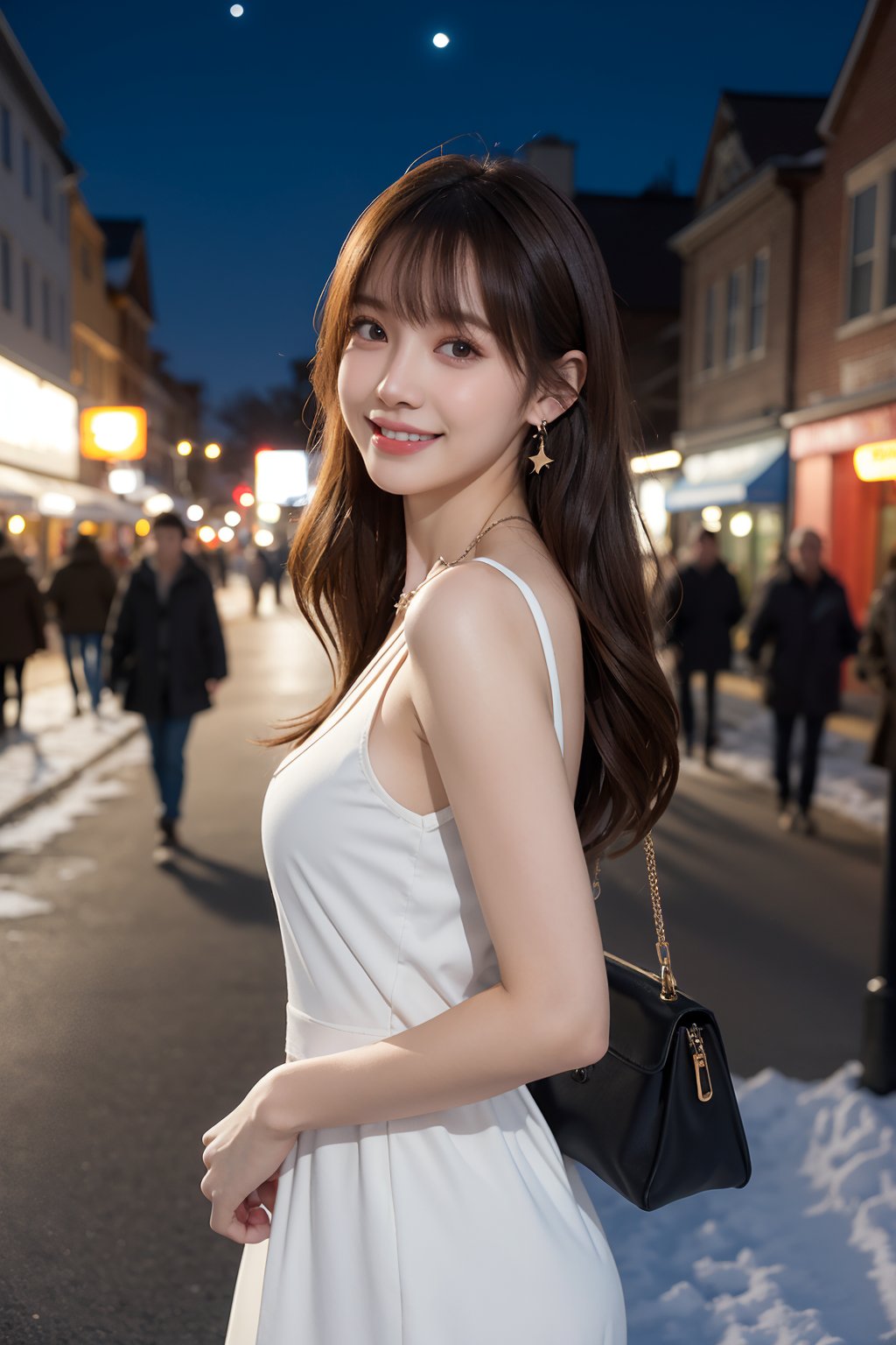 Beautiful and delicate light, (beautiful and delicate eyes), pale skin, big smile, brown eyes, black brown long hair, dreamy, c cup chest, 2000s (style), front shot, Asian girl, bangs, soft expression, height 170, elegance, bright smile, 8k art photo, realistic concept art, realistic, portrait, necklace, small earrings, handbag, fantasy, jewelry, shyness,  white_shirt, one piece dress, snowy street, footprints, stars_(sky), night_sky, ,JeeSoo ,poakl