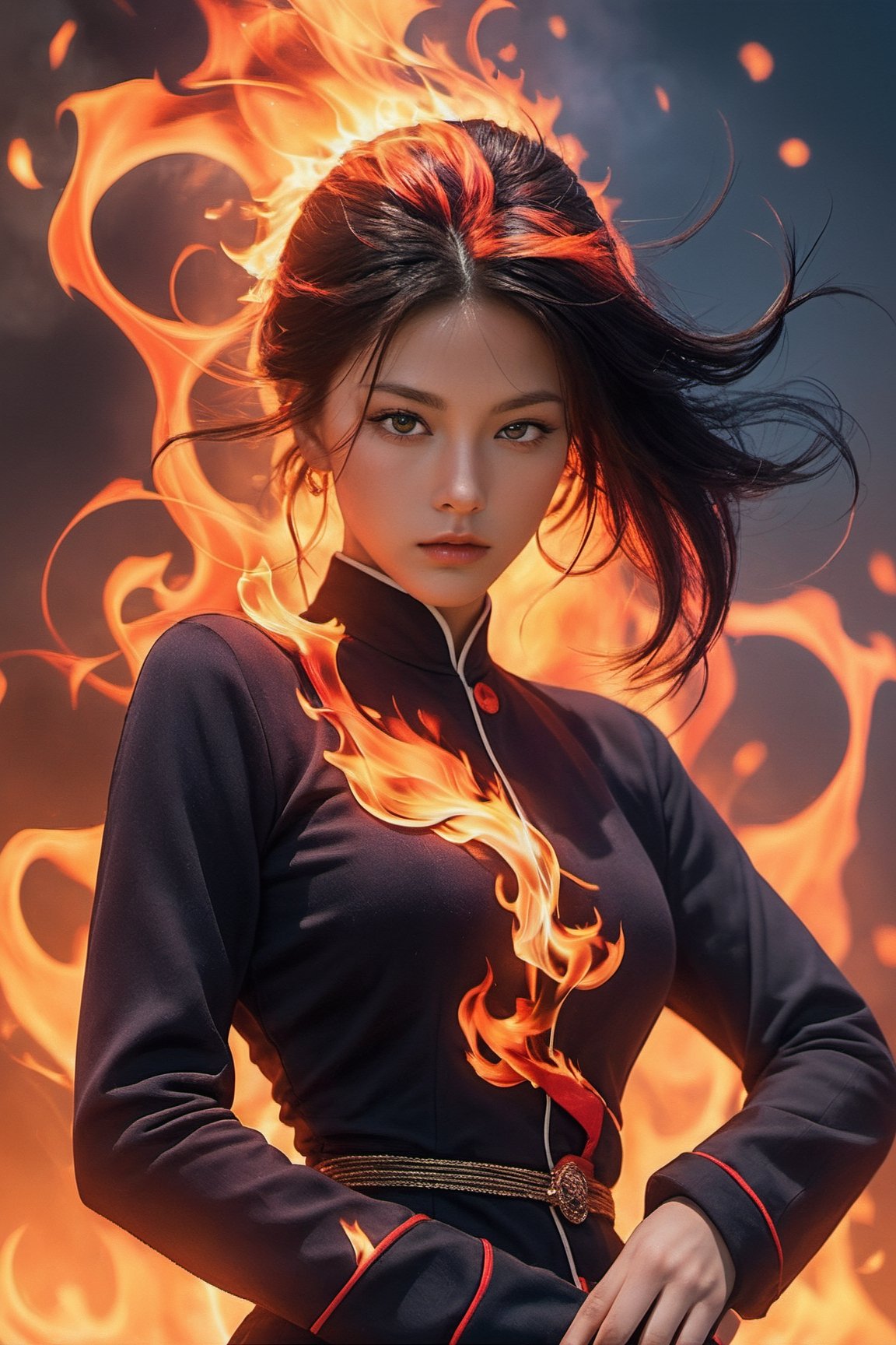 fire oh, In this photo, a beautiful girl is controlling the flames. Her eyes are bright, as if there is some mysterious connection between her and the flames. Her fingers lightly touch the flames, as if playing a passionate melody. Her face is illuminated by the flames, warm and bright like the dawn. The background is a deep darkness, making the flames and her face stand out. The composition of this picture is clever, the colors are vivid, full of dynamism and vitality, just like the works of Annie Leibovitz.