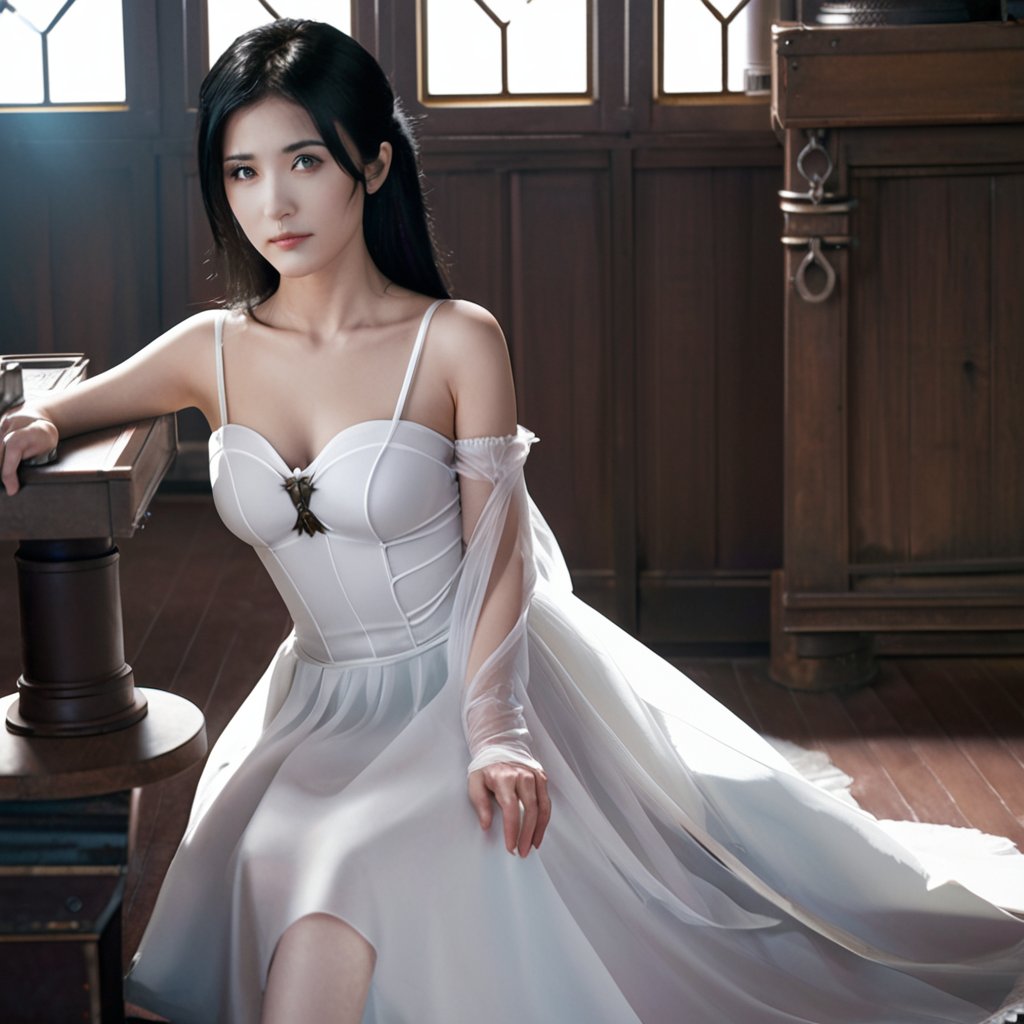 FilmGirl, 1girl, solo, black hair, dress, realistic, white dress, long hair, sitting, bare shoulders, looking at viewer, parted lips, breasts, collarbone, black eyes, lips, see-through, off shoulder, small breasts,1girl,HZ Steampunk,girl,xwhd,danknis