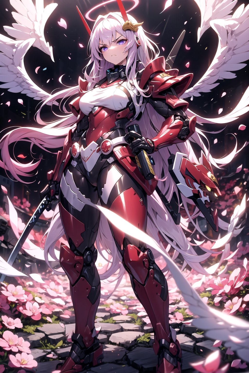 masterpiece, best quality, 1girl, long white hair, purple eyes, angel theme, samurai armor, shogun armor, red armor, samurai headgear, energy angel halo, sakura petals falling, holding sword, battle scene, serious face, angry face, fire in background, robotic angel wings, SFW, white chestplate, red limbs, samurai shoulder armor, red gauntlets, holding katana, looking down, depth of field, high detailed, full body armor, samurai headgear, battle scene, fire in background, sakura petal ring in background, closeup shot, vanessa, angel theme, angel halo, red armor, consistent, red armor, full armor, mecha armor, ,mudrock(arknights), red suit, big shoulder armor, thighs, right hand holding sword, wing on headgear, hermes headgear
