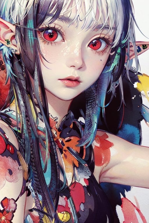 masterpiece, best quality,ultra-detailed, colorful, watercolor, A white short hair red eyes girl side face, elf ears 