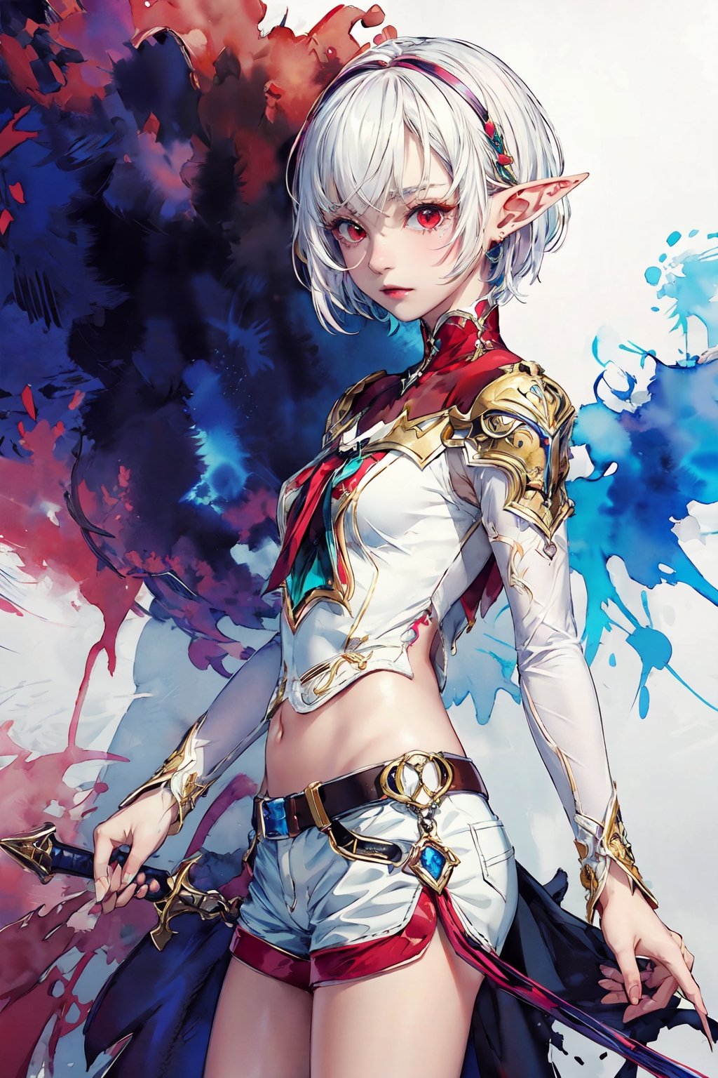 masterpiece, best quality,ultra-detailed, colorful, watercolor, A white short hair red eyes girl side face, elf ears 