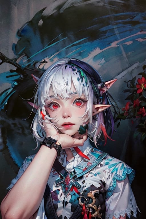 masterpiece, best quality,ultra-detailed, colorful, watercolor, A white short hair red eyes girl side face, elf ears 