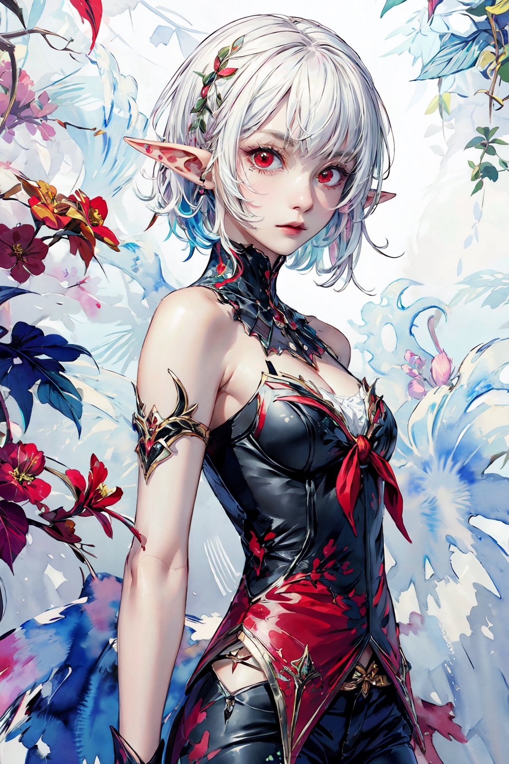 masterpiece, best quality,ultra-detailed, colorful, watercolor, A white short hair red eyes girl side face, elf ears 